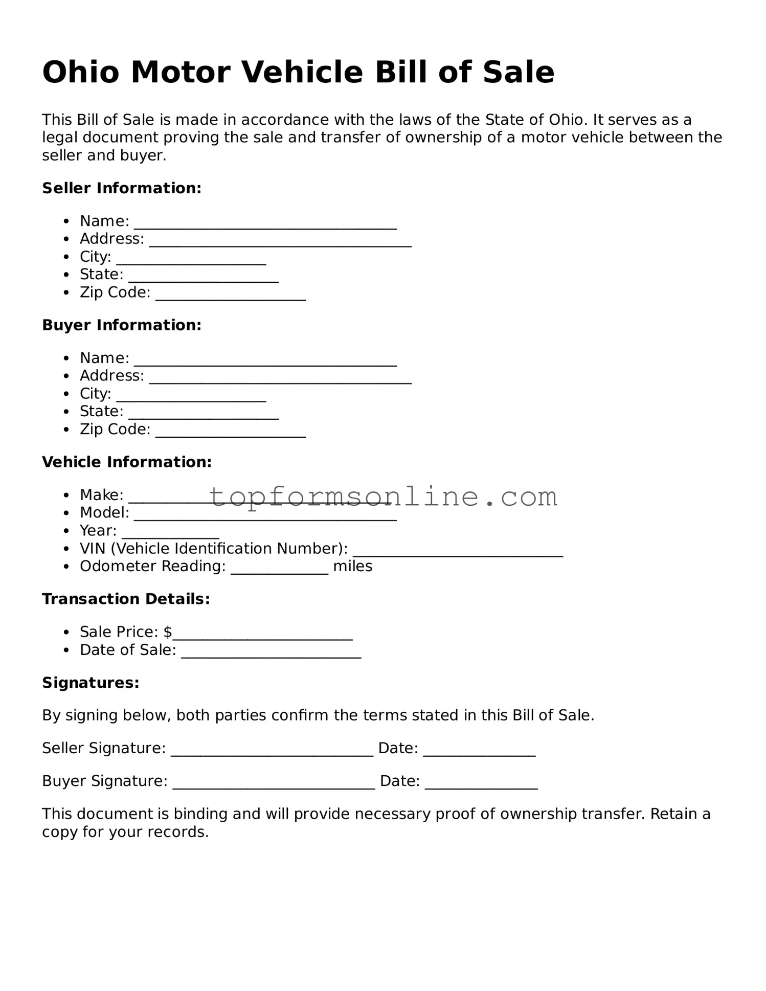 Printable Ohio Motor Vehicle Bill of Sale Template
