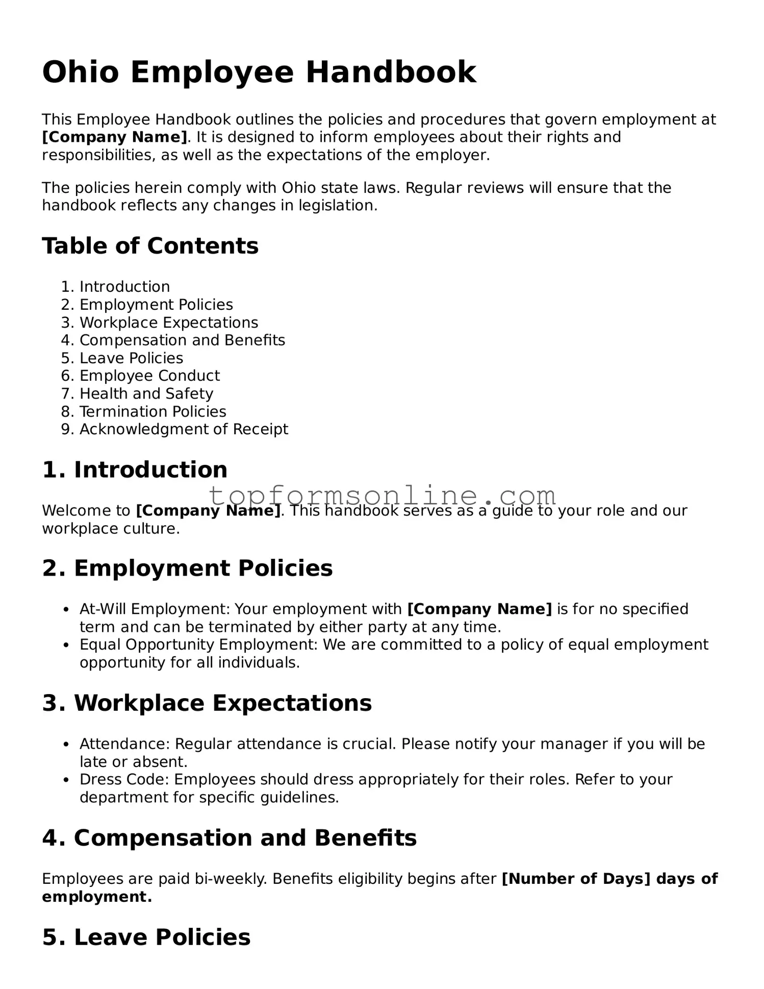Printable Ohio Employee Handbook Template