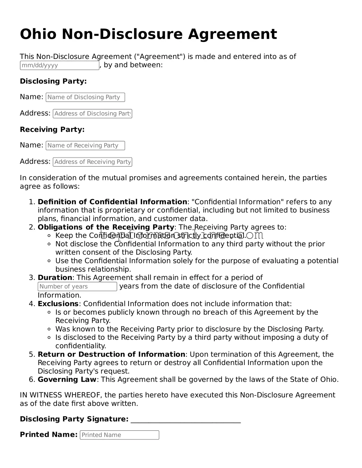 Printable Ohio Non-disclosure Agreement Template