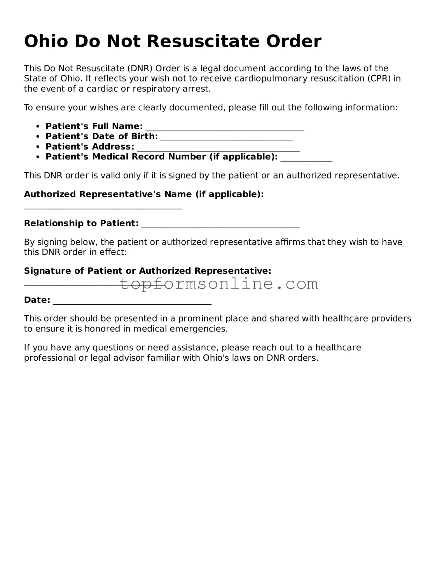 Printable Ohio Do Not Resuscitate Order Template