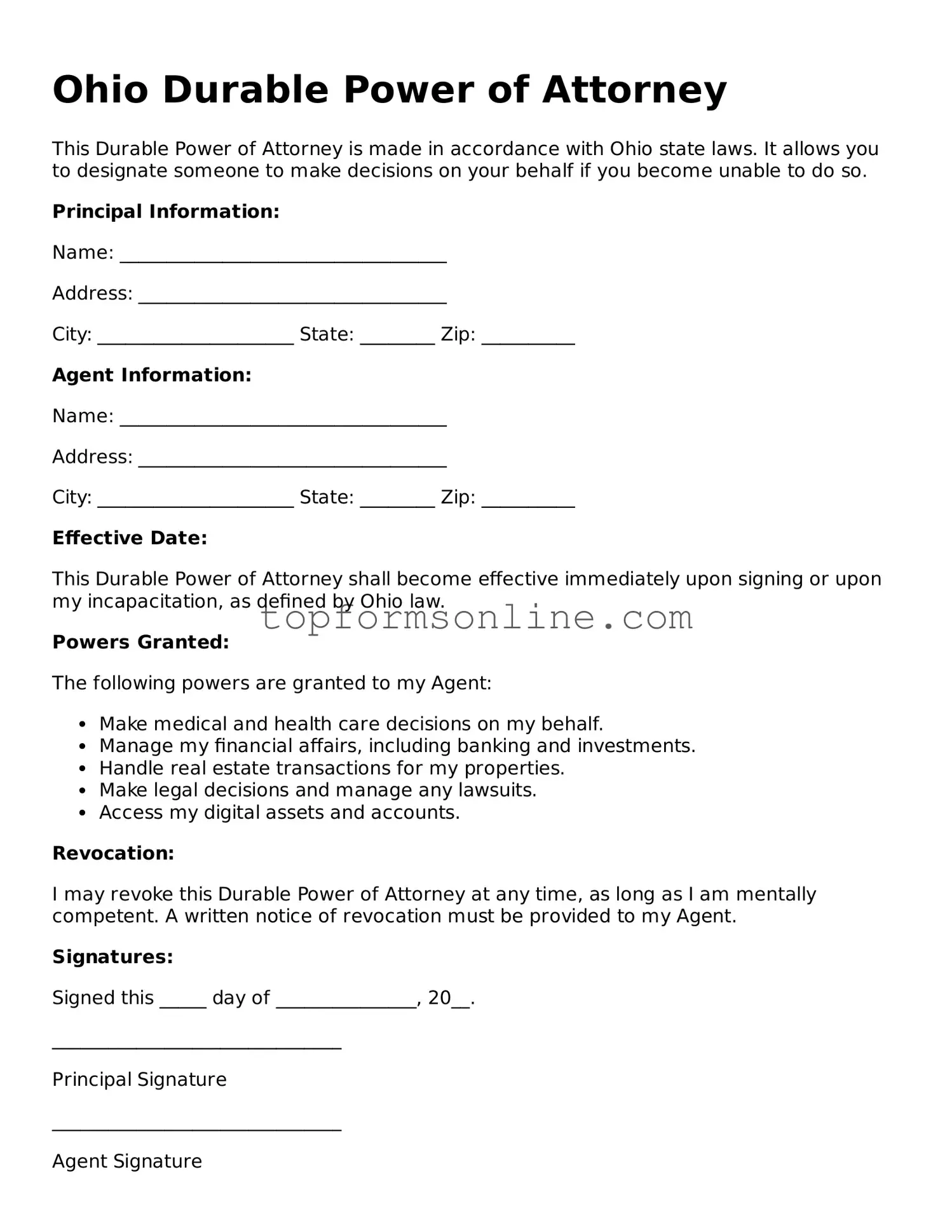 Printable Ohio Durable Power of Attorney Template