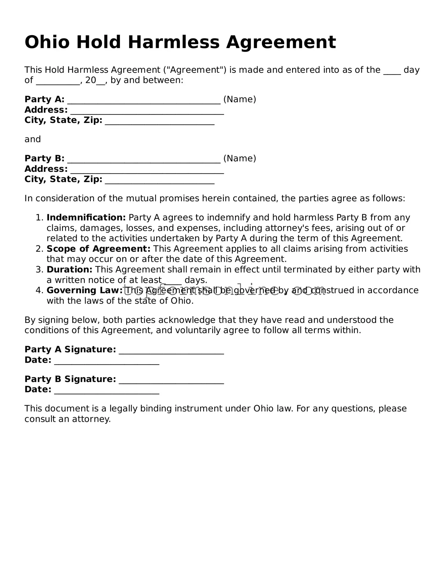 Printable Ohio Hold Harmless Agreement Template