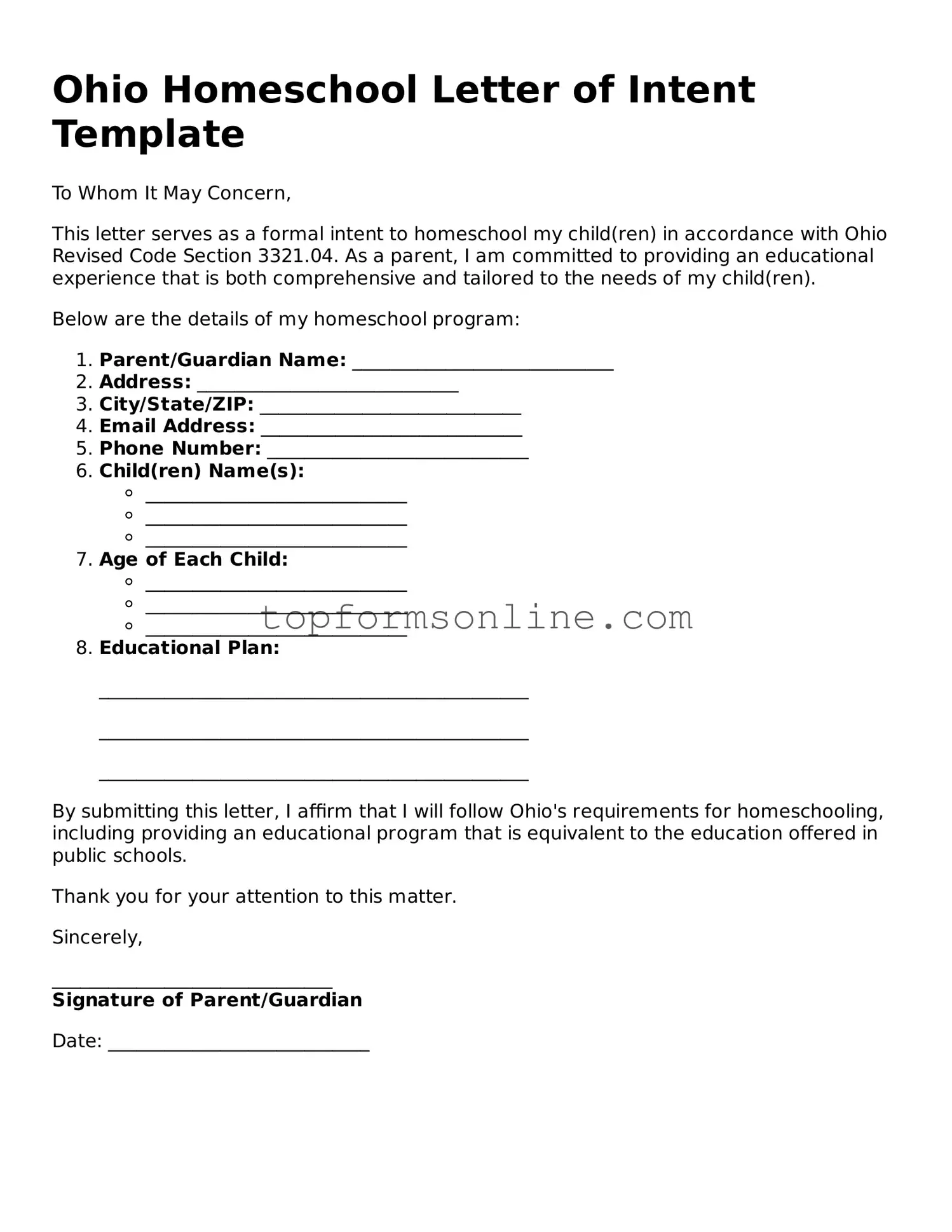 Printable Ohio Homeschool Letter of Intent Template