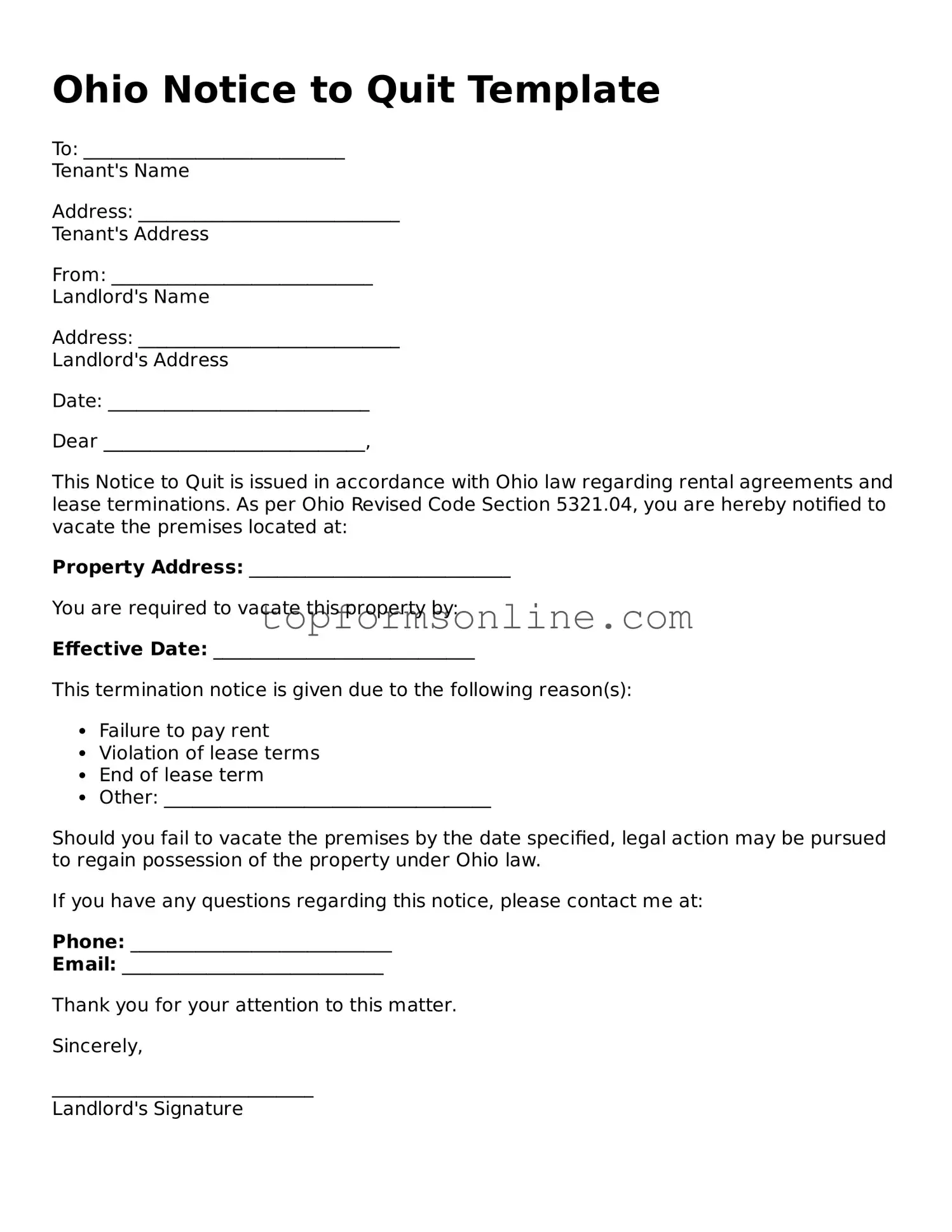 Printable Ohio Notice to Quit Template