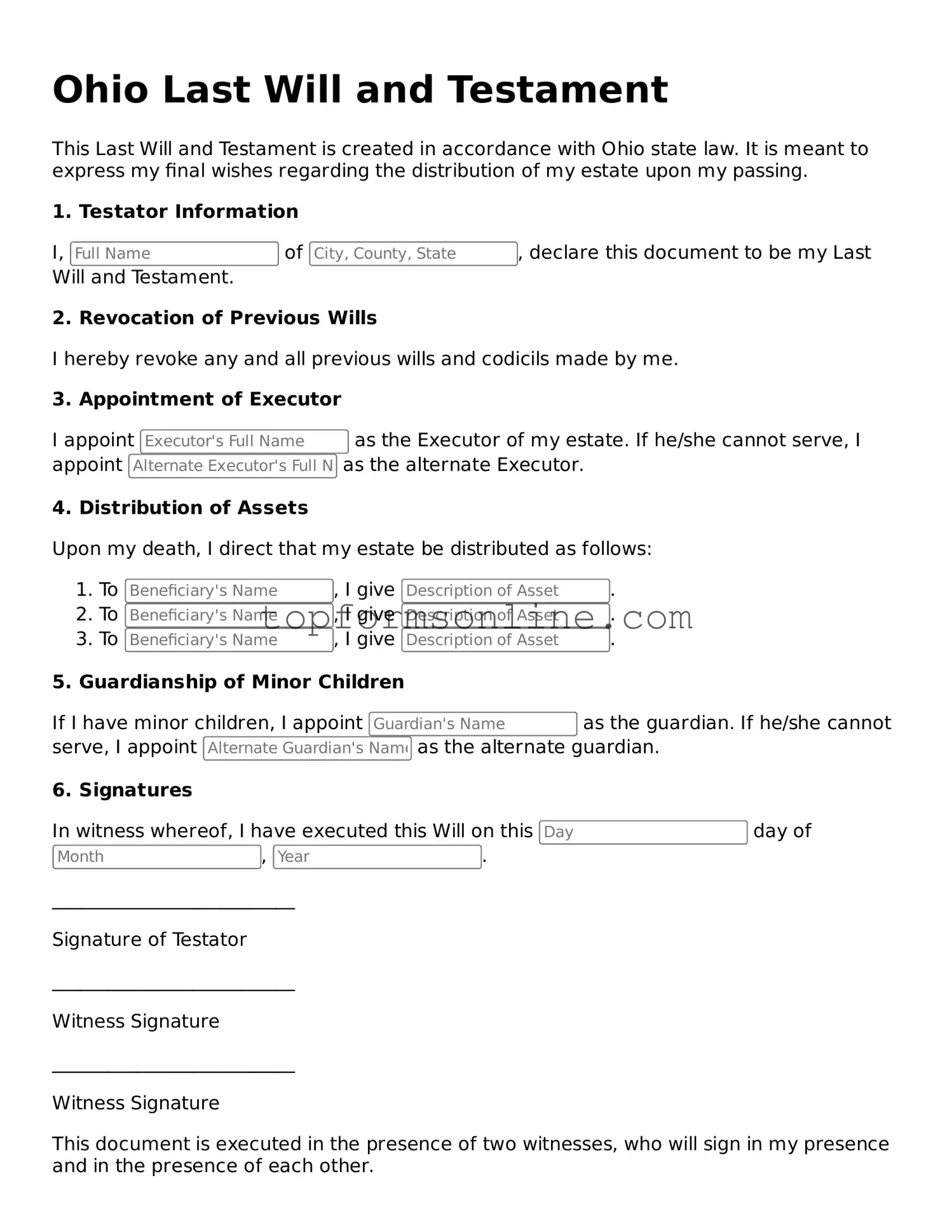 Printable Ohio Last Will and Testament Template