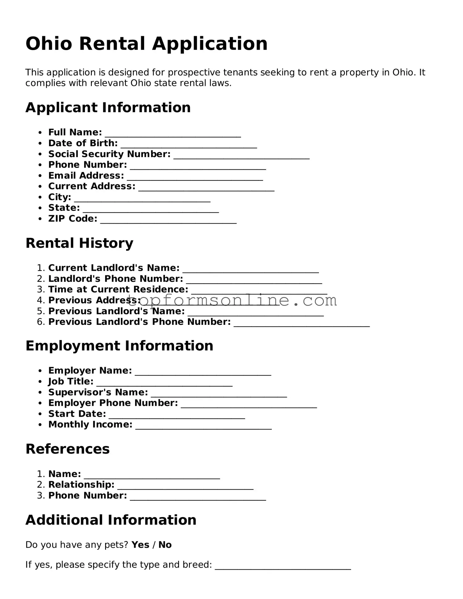 Printable Ohio Rental Application Template