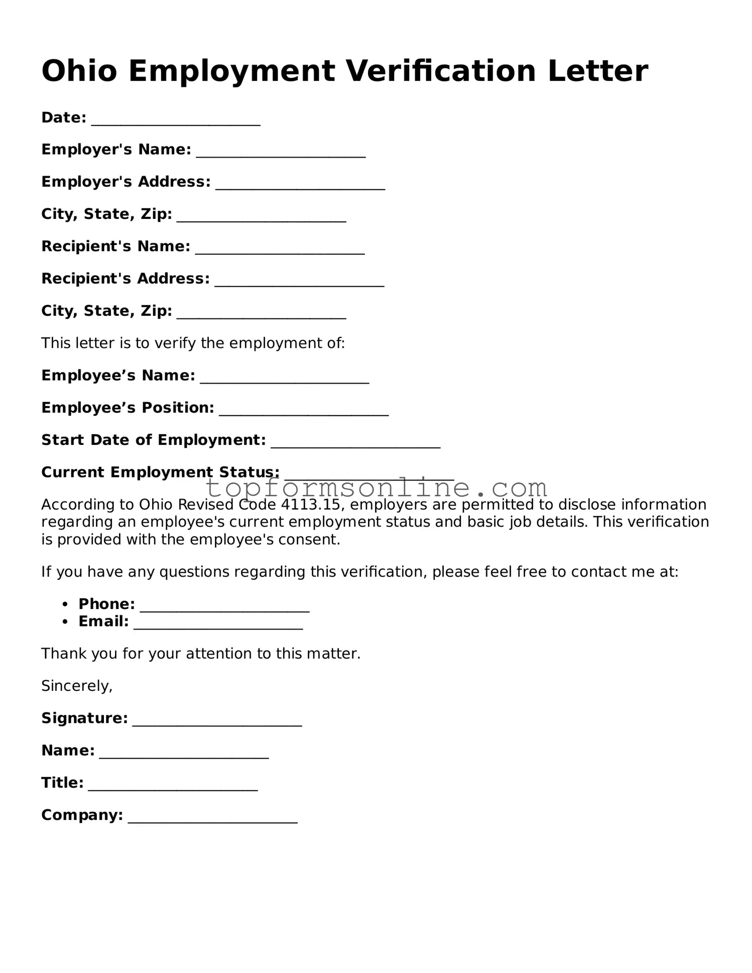 Printable Ohio Employment Verification Template