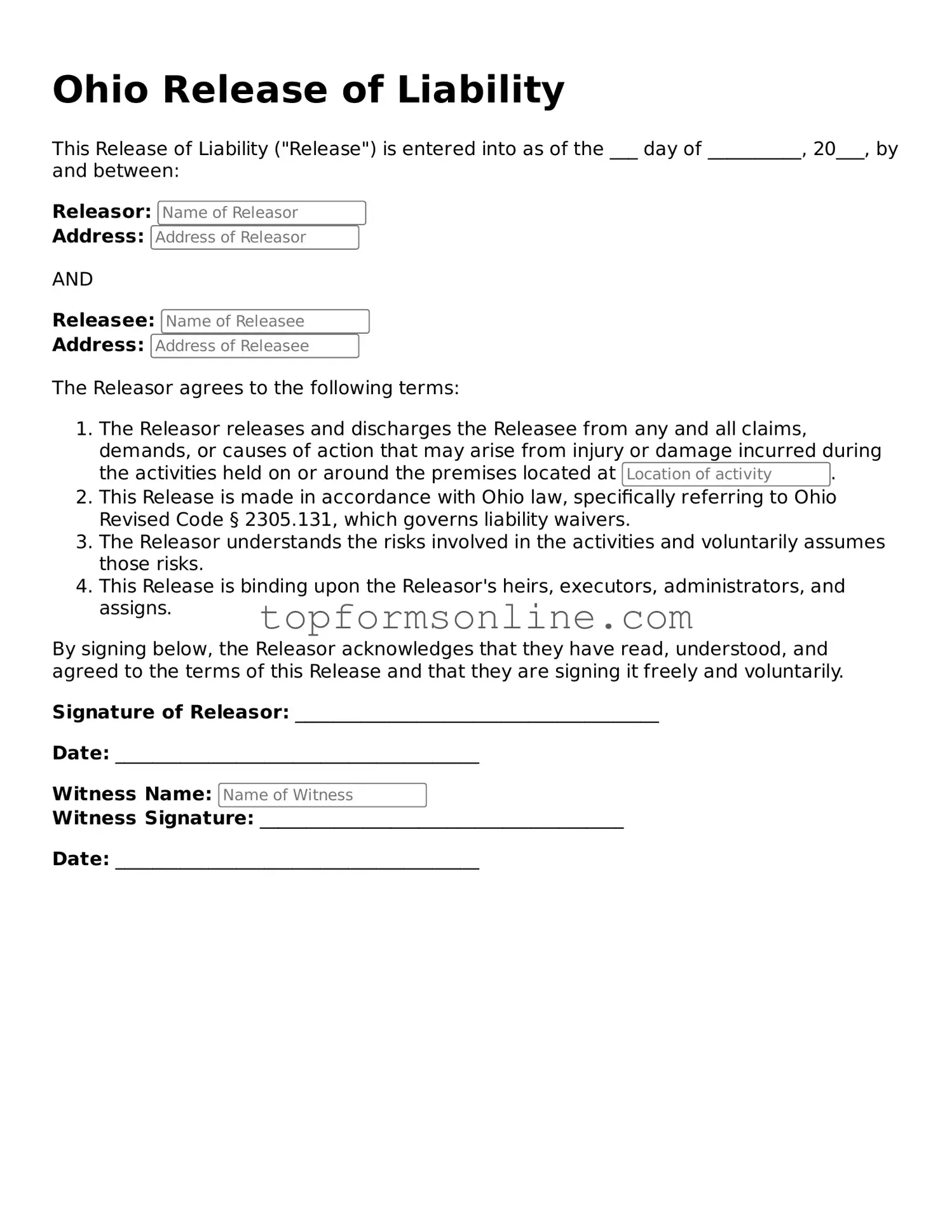 Printable Ohio Release of Liability Template