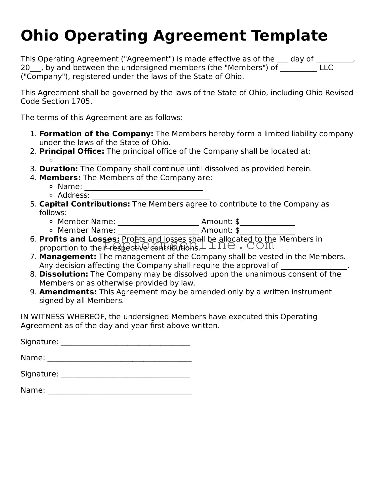 Printable Ohio Operating Agreement Template