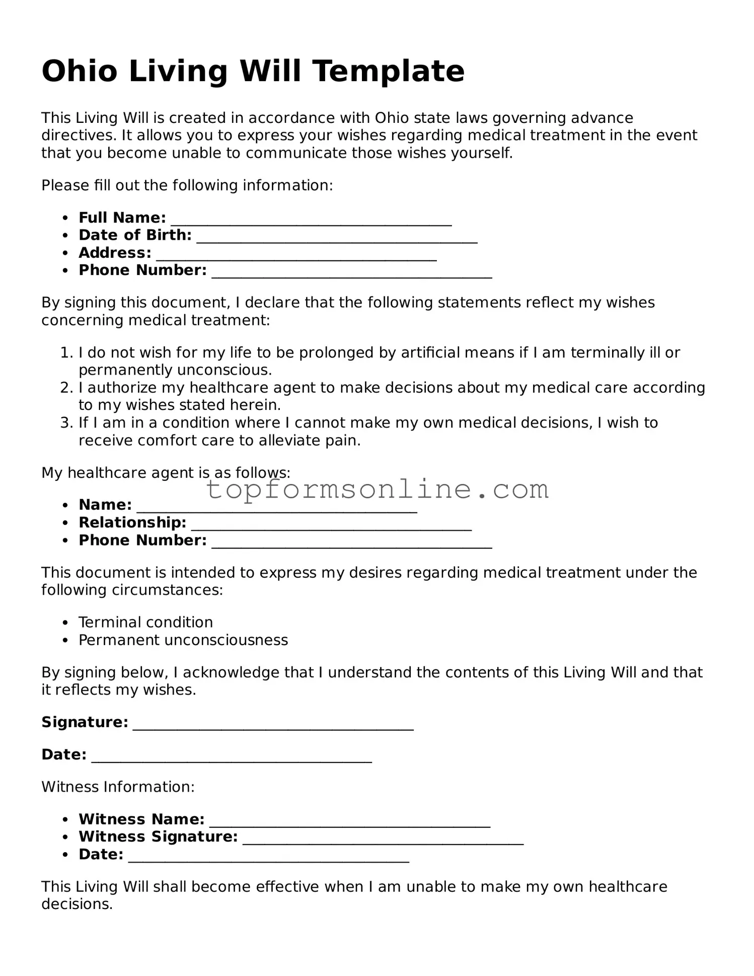 Printable Ohio Living Will Template