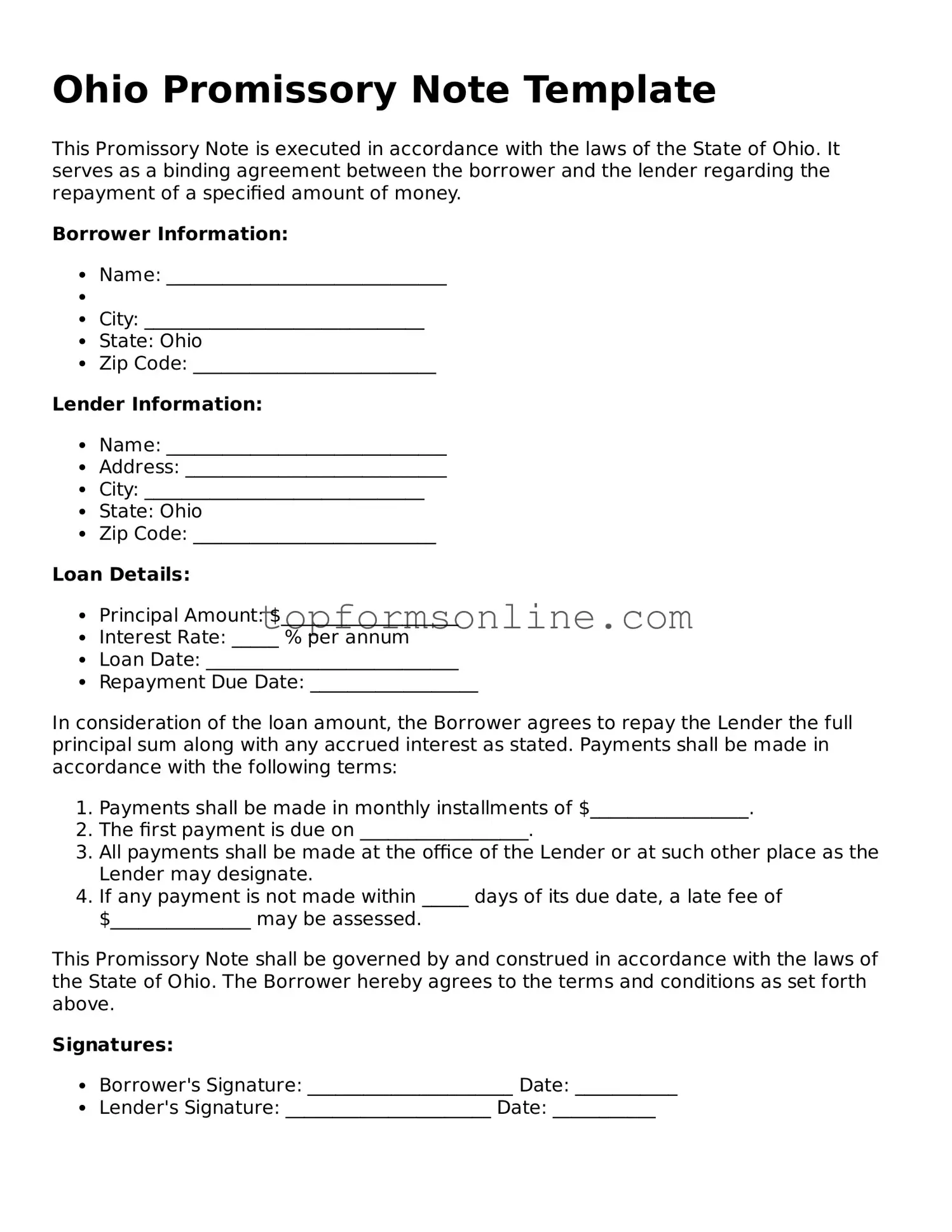 Printable Ohio Promissory Note Template