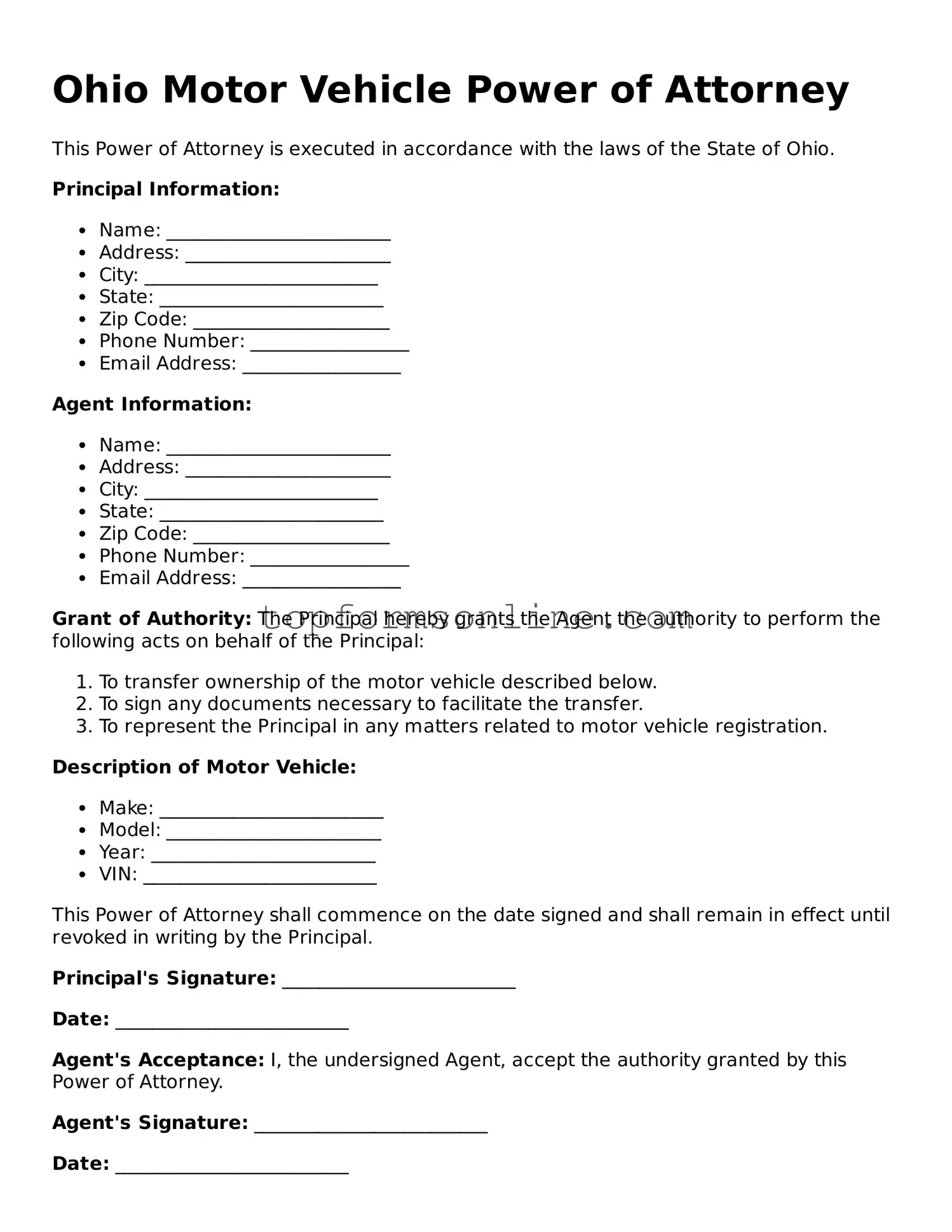 Printable Ohio Motor Vehicle Power of Attorney Template