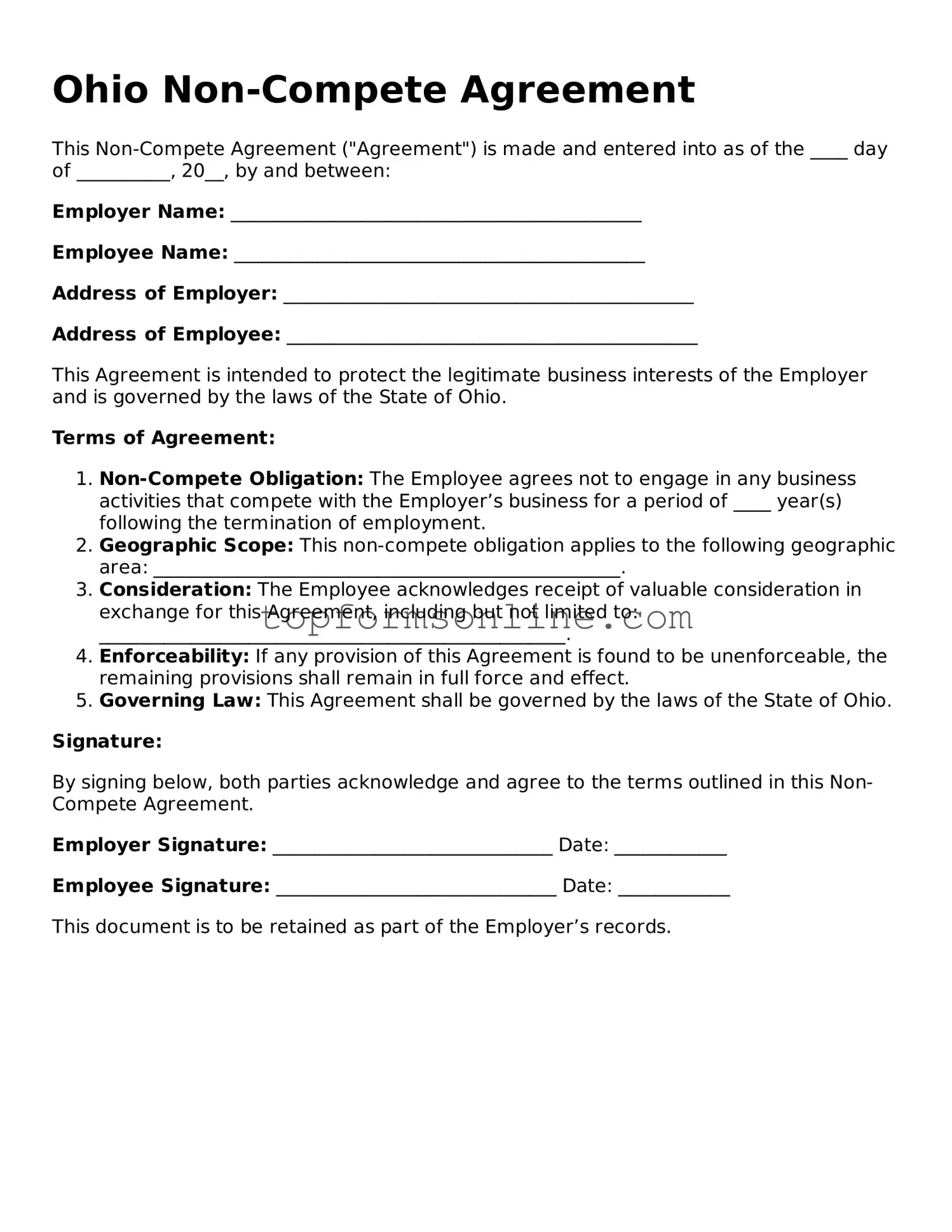 Printable Ohio Non-compete Agreement Template