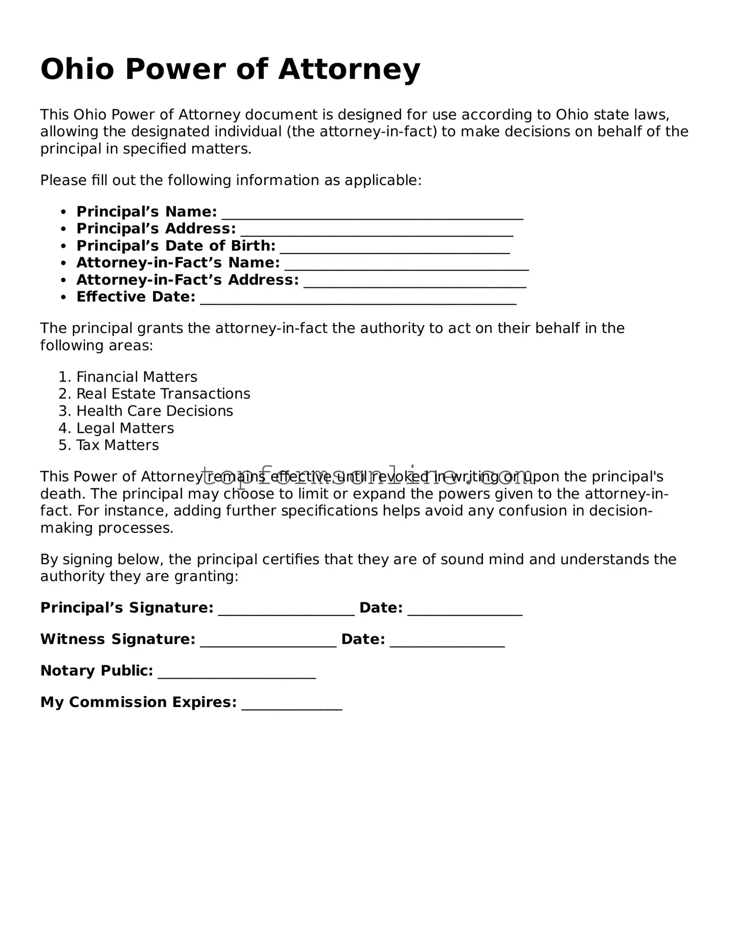 Printable Ohio Power of Attorney Template