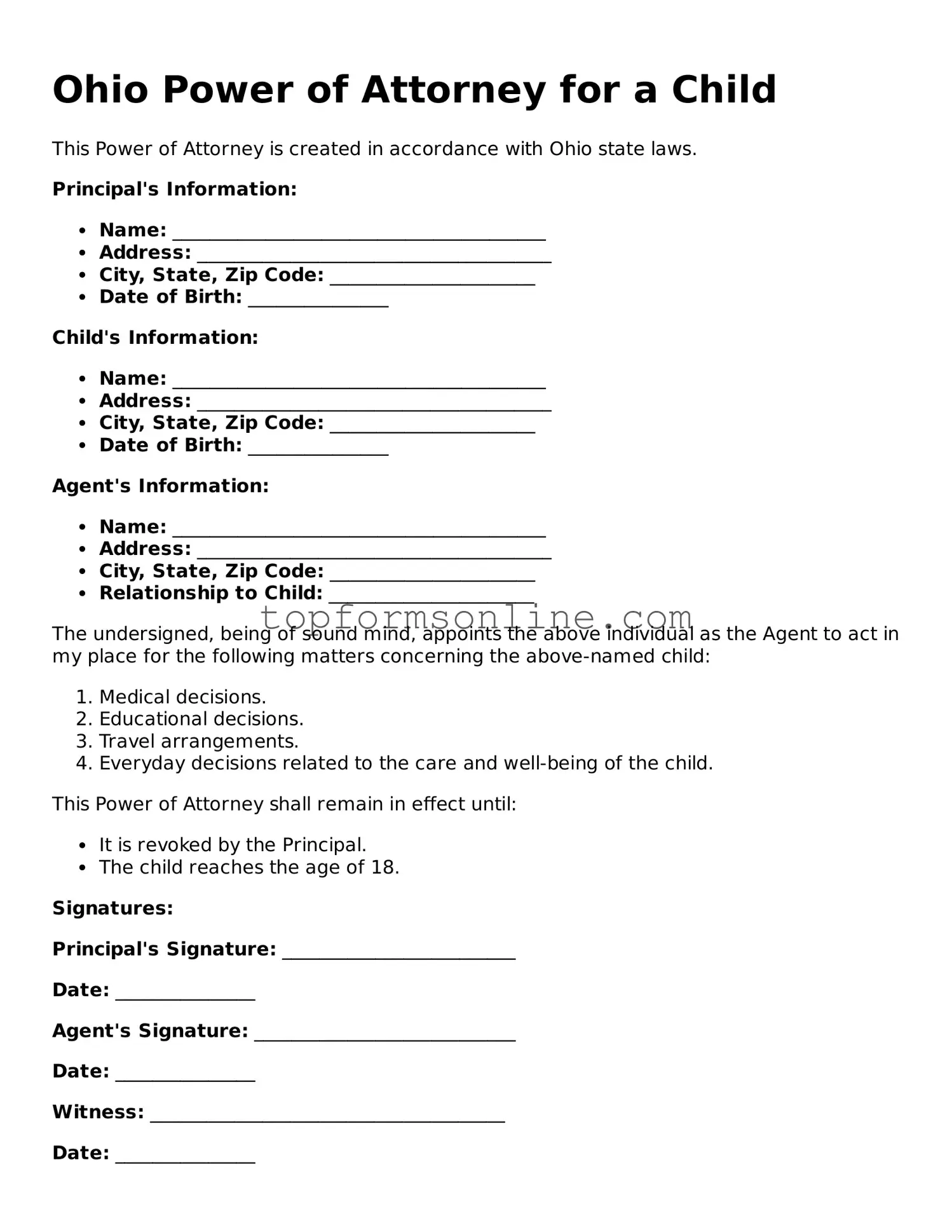 Printable Ohio Power of Attorney for a Child Template