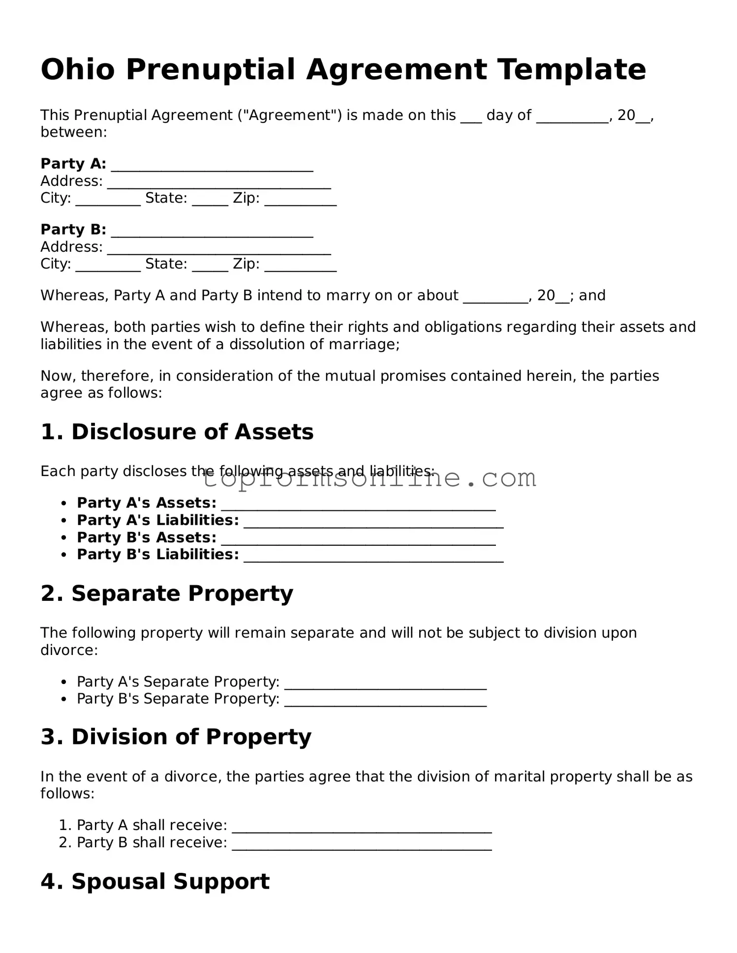 Printable Ohio Prenuptial Agreement Template