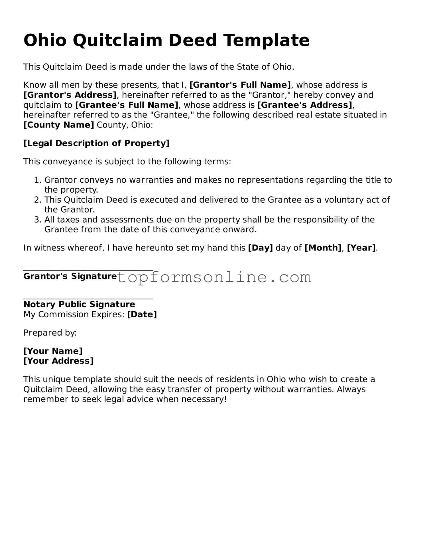 Printable Ohio Quitclaim Deed Template