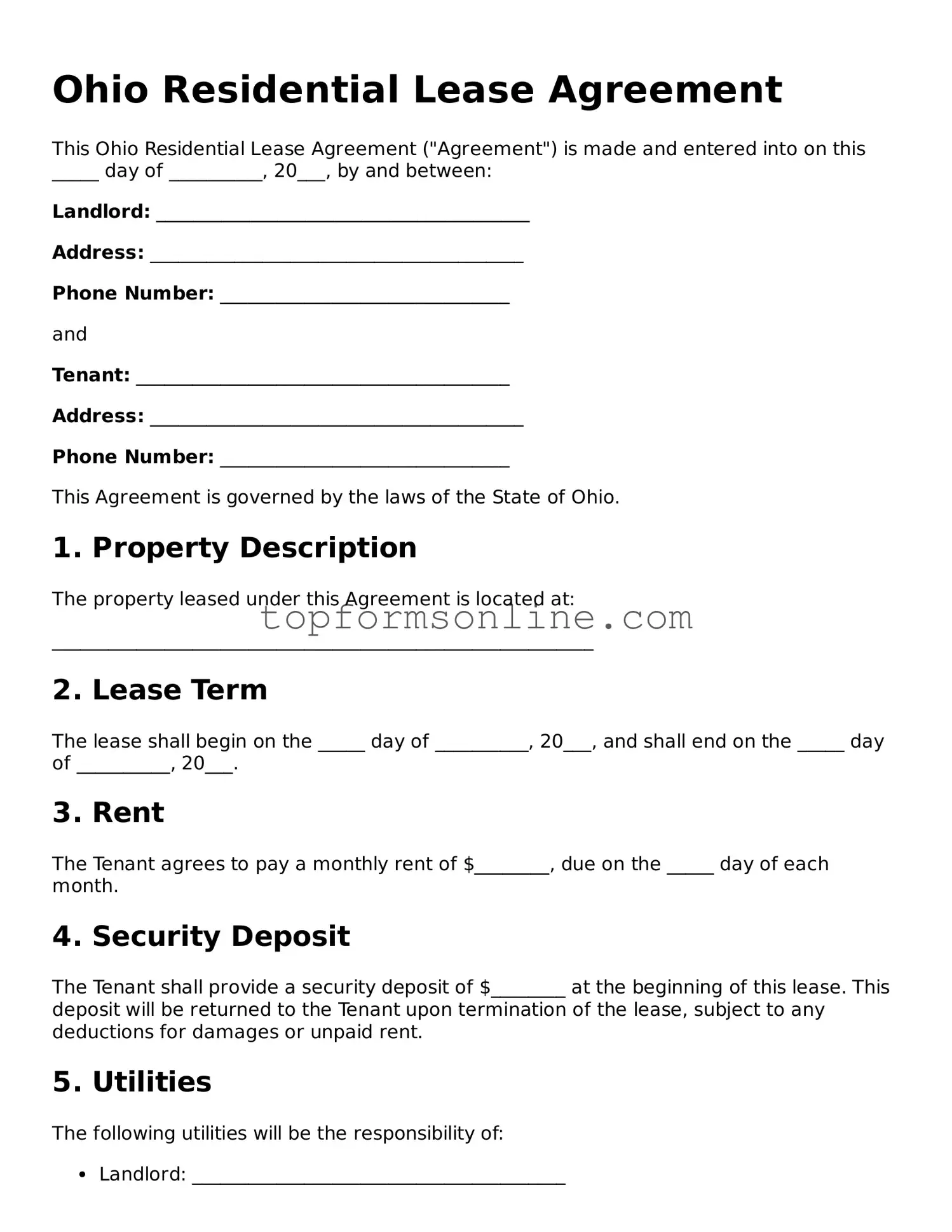 Printable Ohio Residential Lease Agreement Template