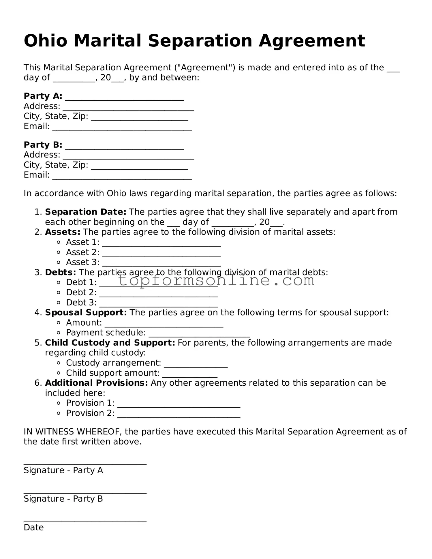 Printable Ohio Marital Separation Agreement Template