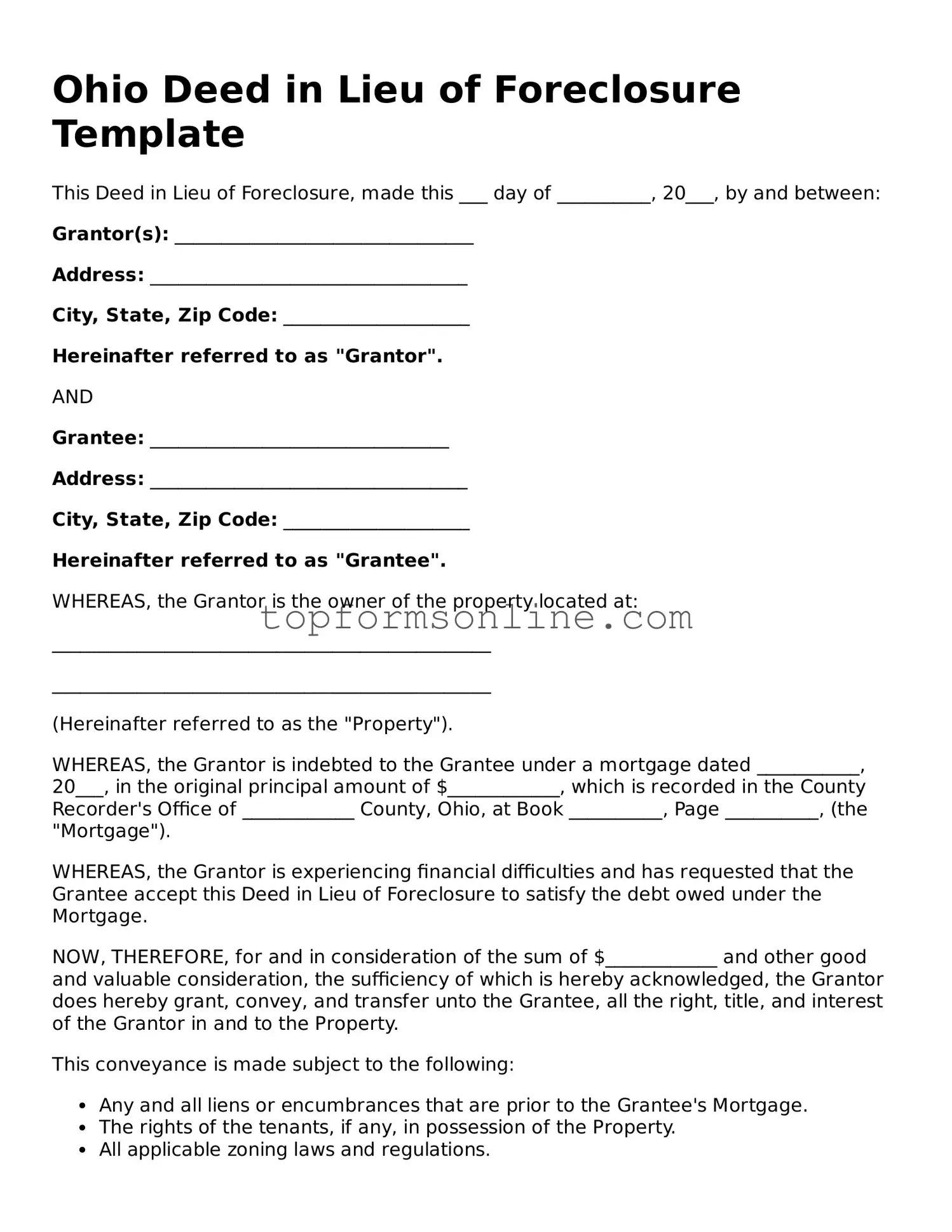 Printable Ohio Deed in Lieu of Foreclosure Template