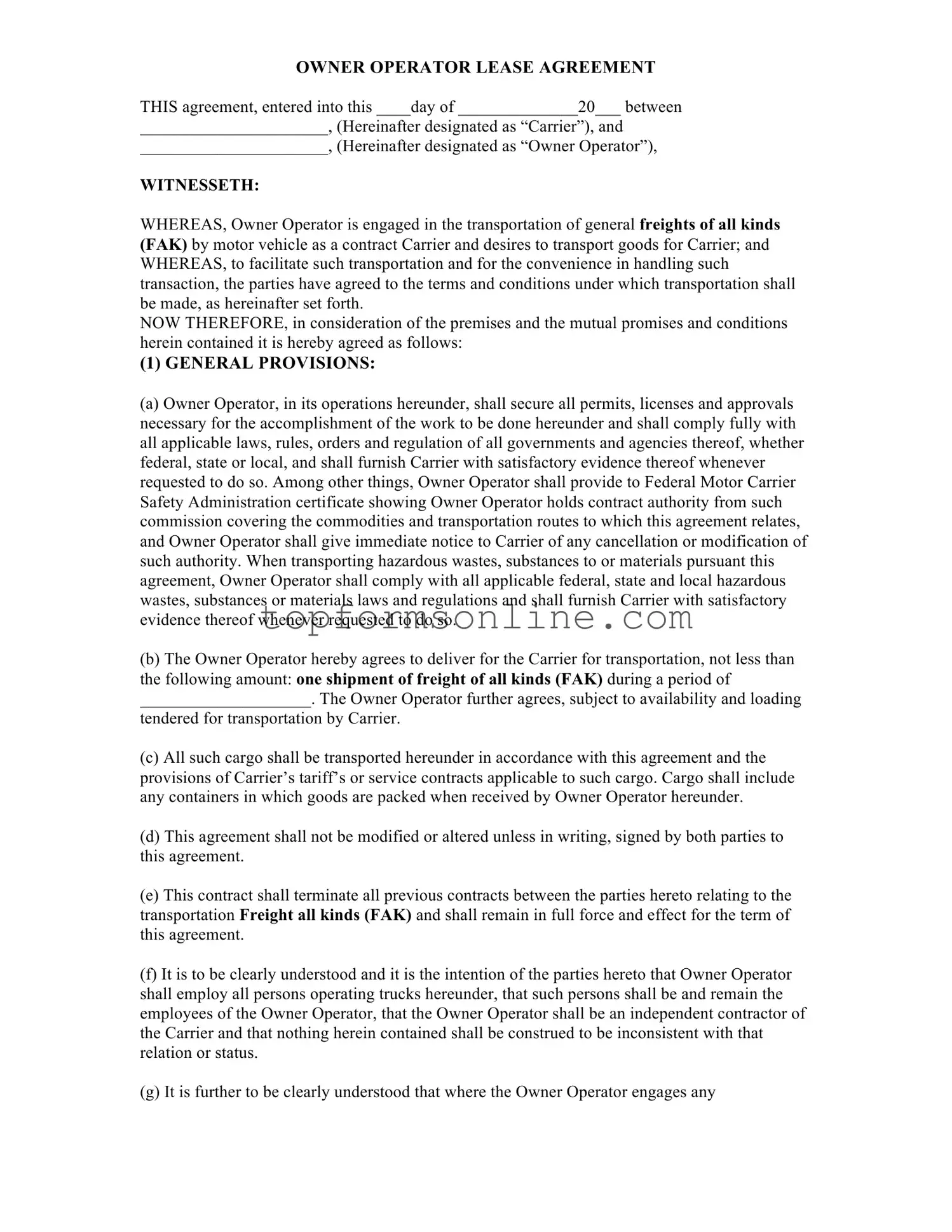 Fill Out a Valid Owner Operator Lease Agreement Form