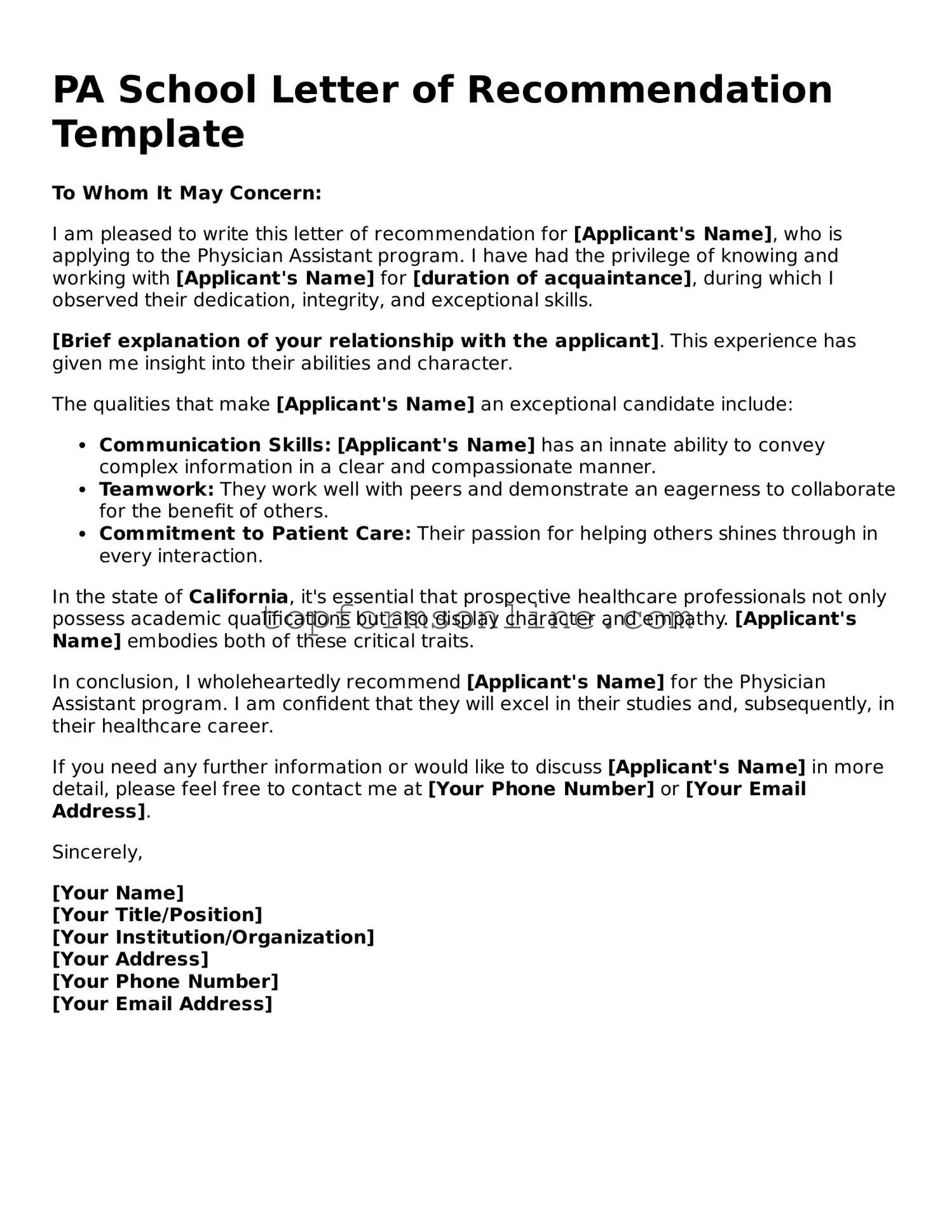 Valid PA School Letter of Recommendation Template