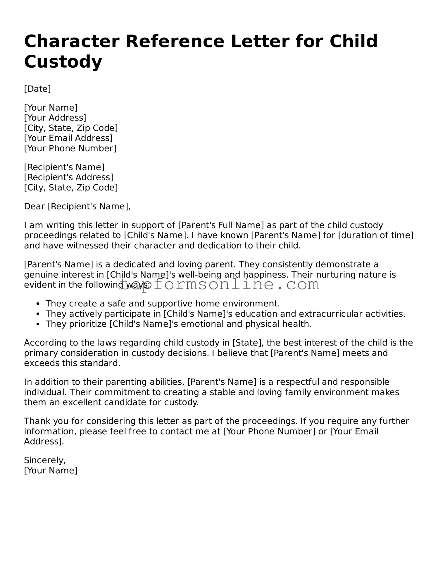 Valid Character Reference Letter for Child Custody Template