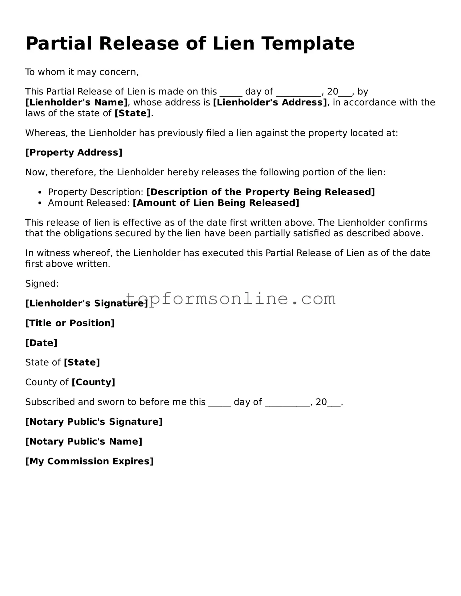 Valid Partial Release of Lien Template