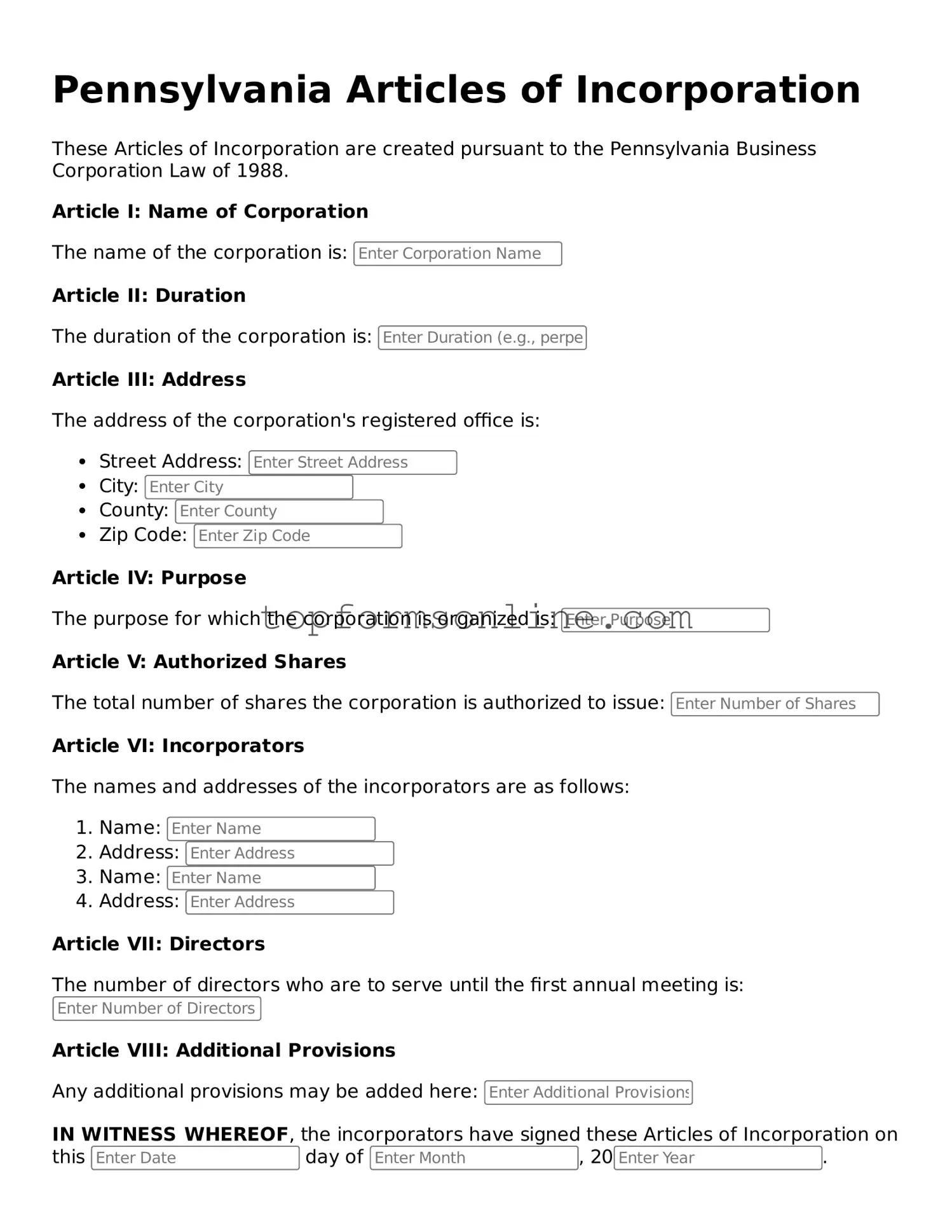 Printable Pennsylvania Articles of Incorporation Template