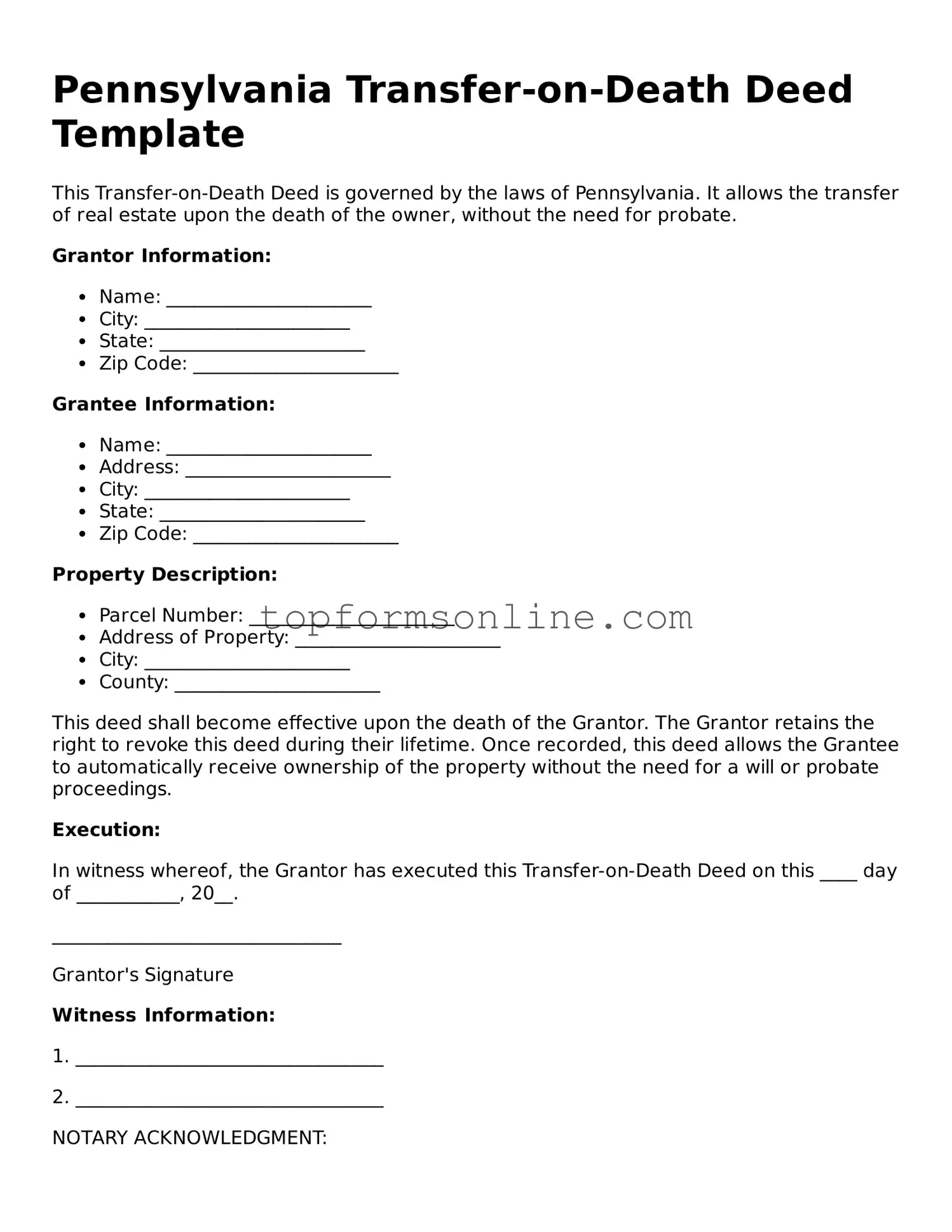 Printable Pennsylvania Transfer-on-Death Deed Template