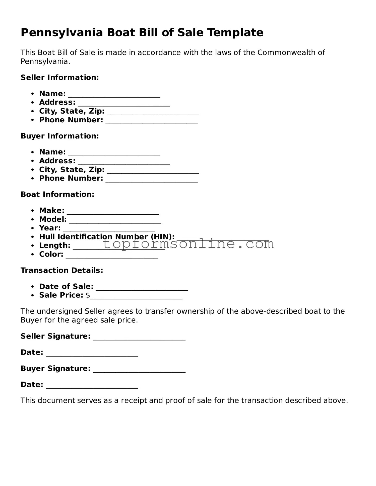 Printable Pennsylvania Boat Bill of Sale Template