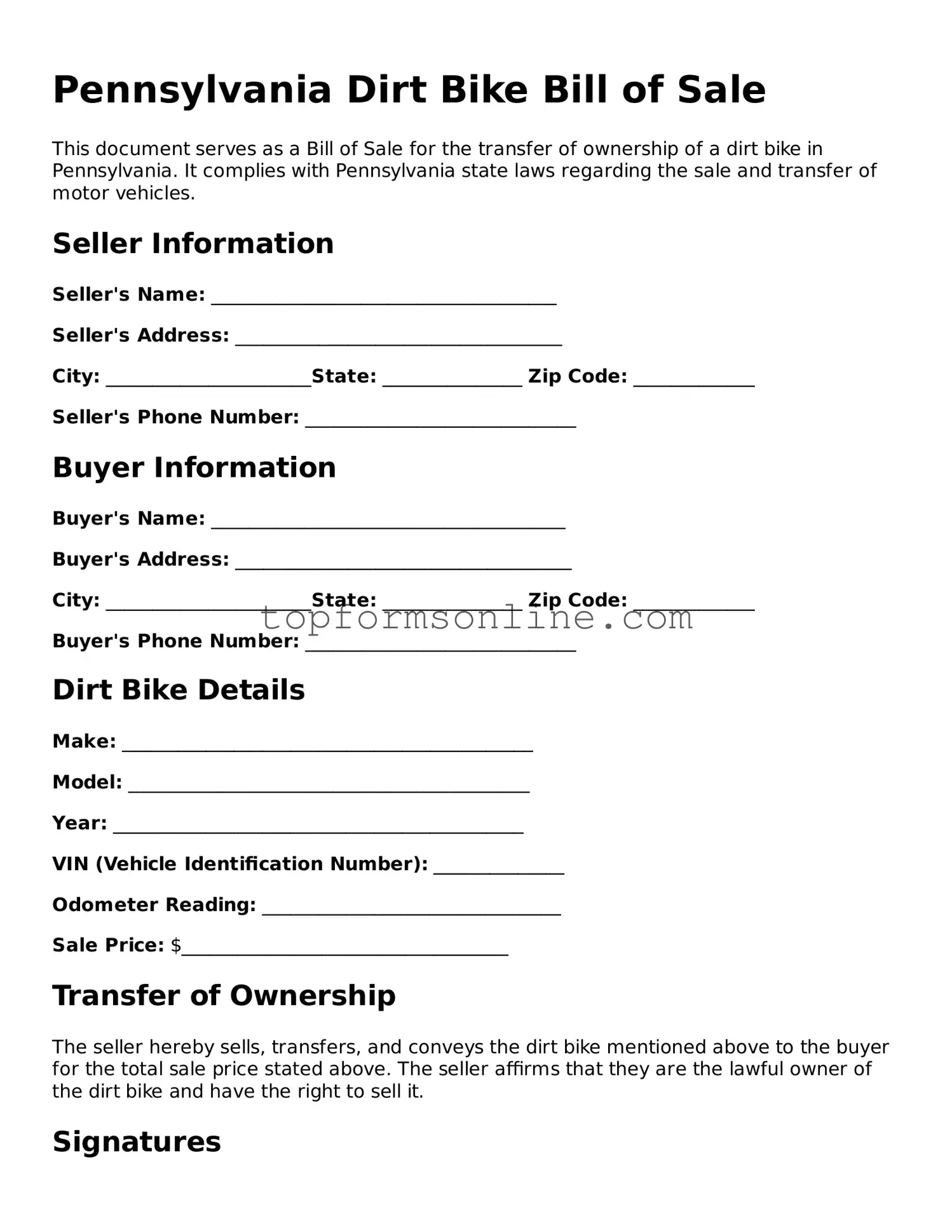 Printable Pennsylvania Dirt Bike Bill of Sale Template