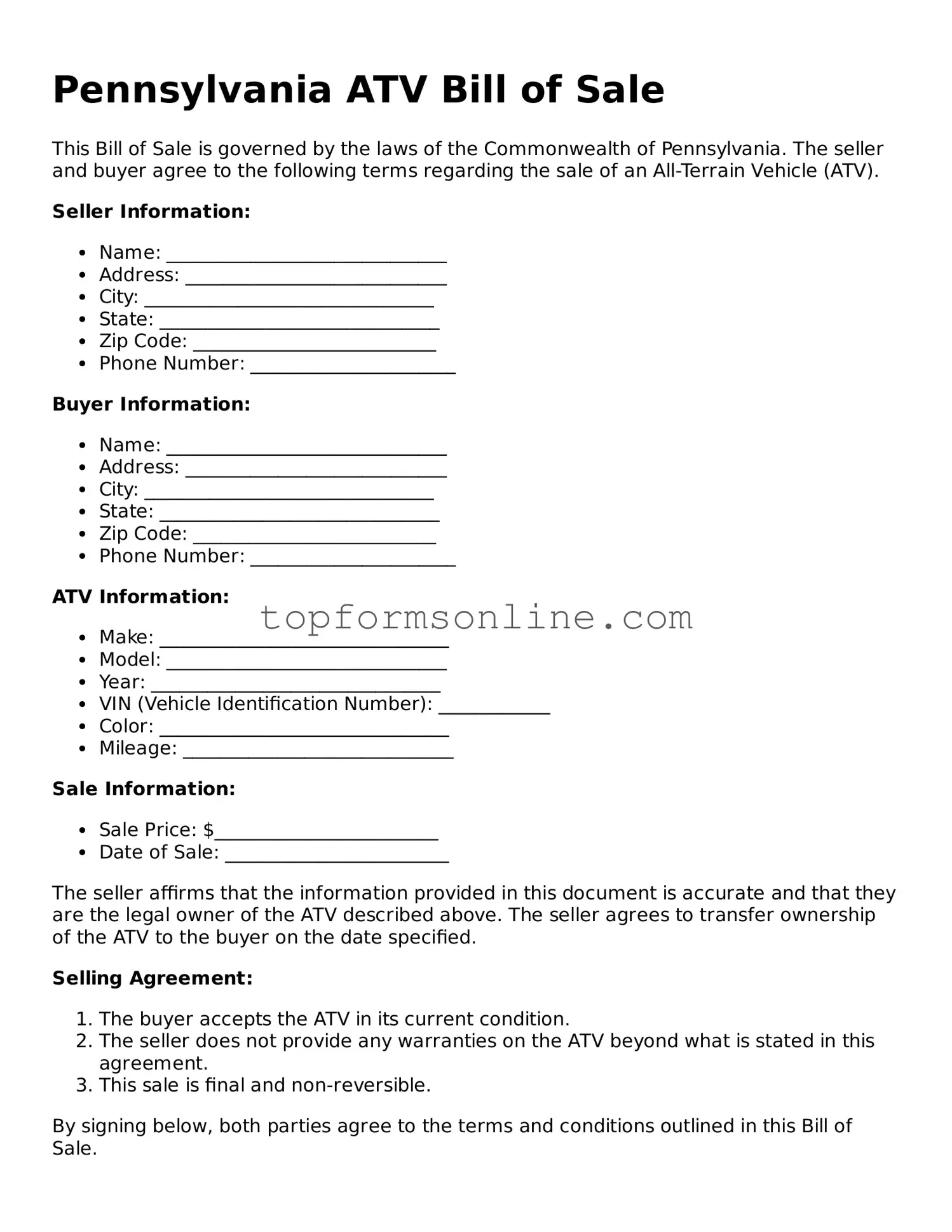 Printable Pennsylvania ATV Bill of Sale Template