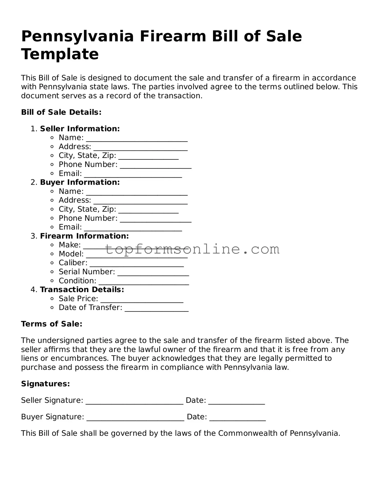 Printable Pennsylvania Firearm Bill of Sale Template