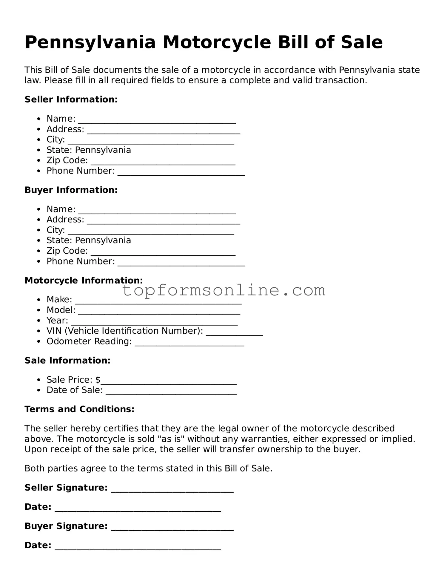 Printable Pennsylvania Motorcycle Bill of Sale Template