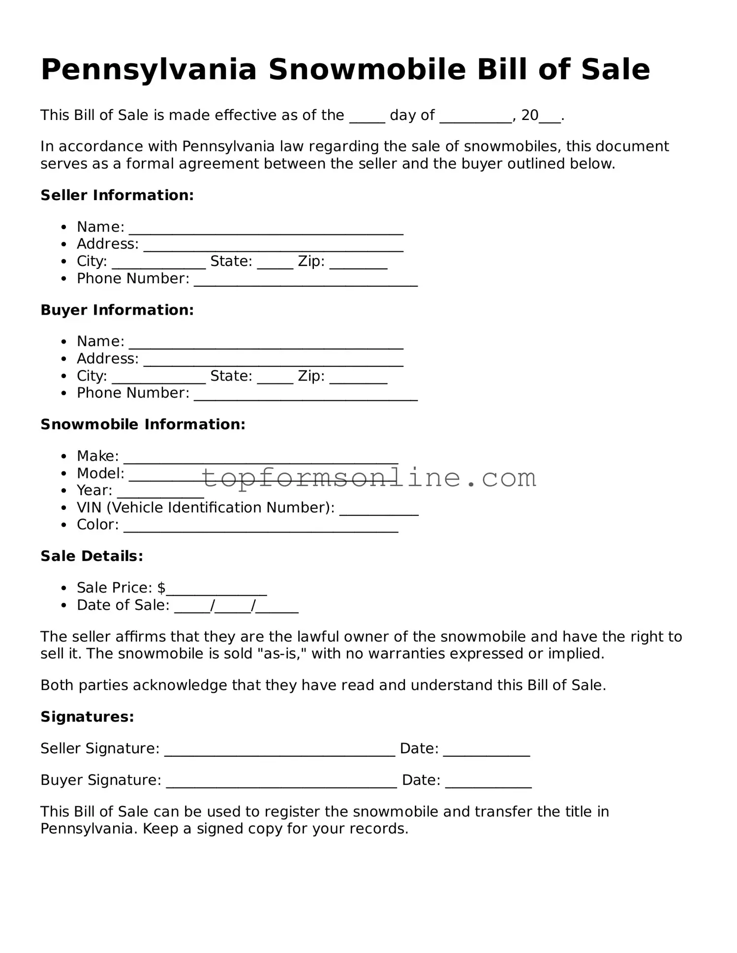 Printable Pennsylvania Snowmobile Bill of Sale Template