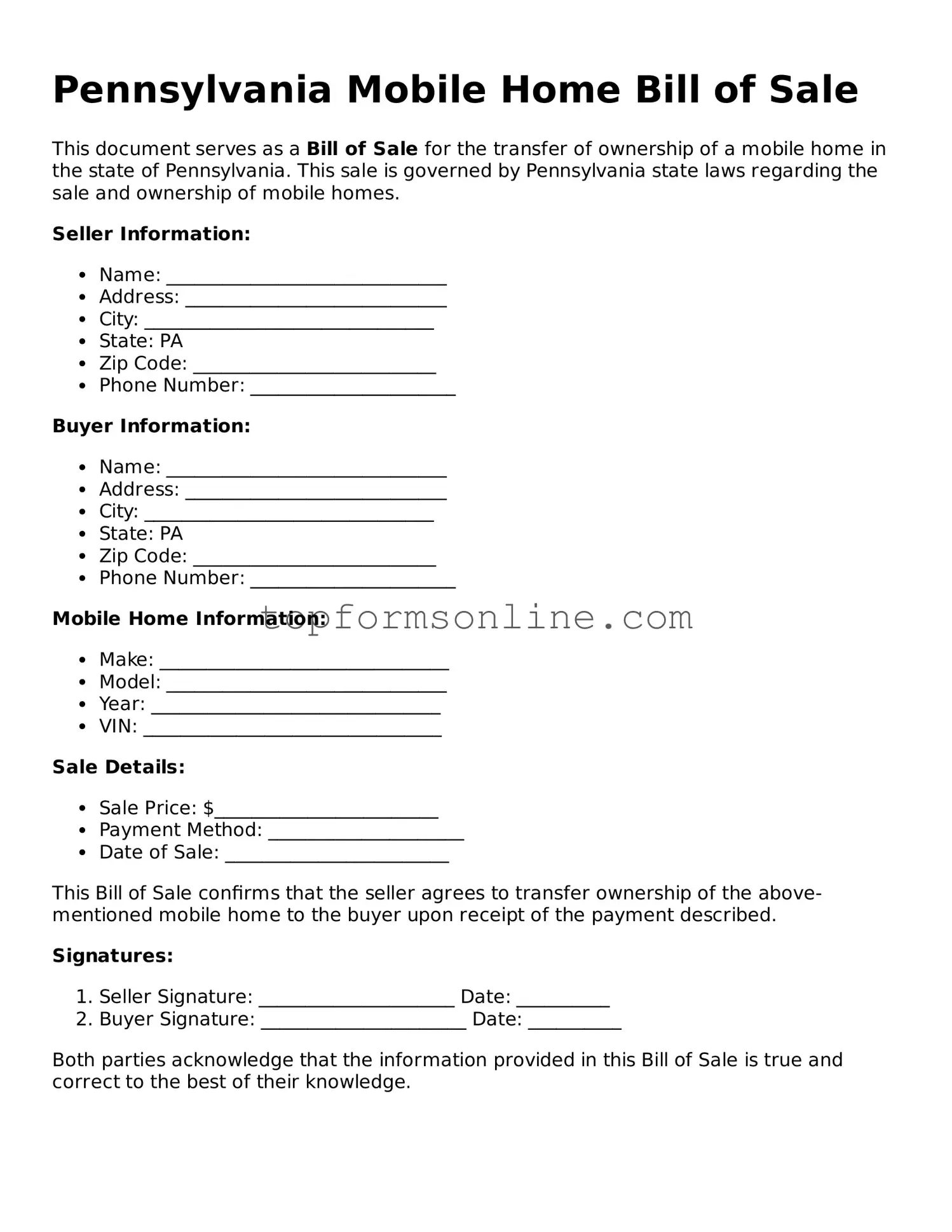 Printable Pennsylvania Mobile Home Bill of Sale Template