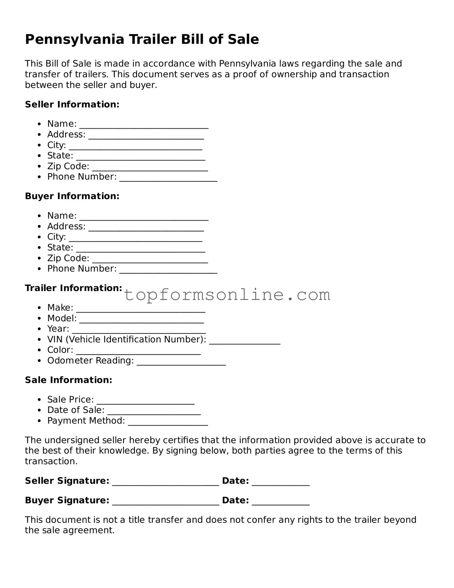Printable Pennsylvania Trailer Bill of Sale Template