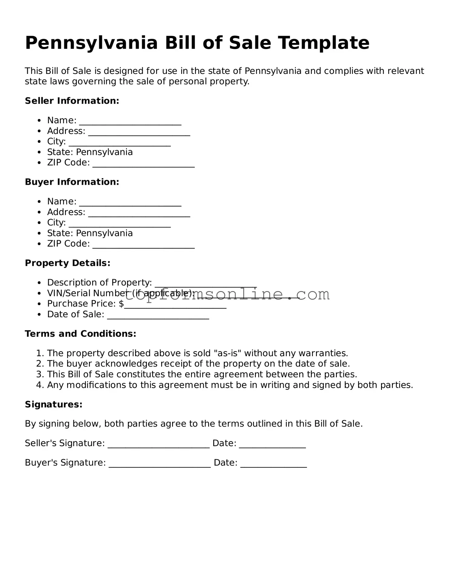 Printable Pennsylvania Bill of Sale Template