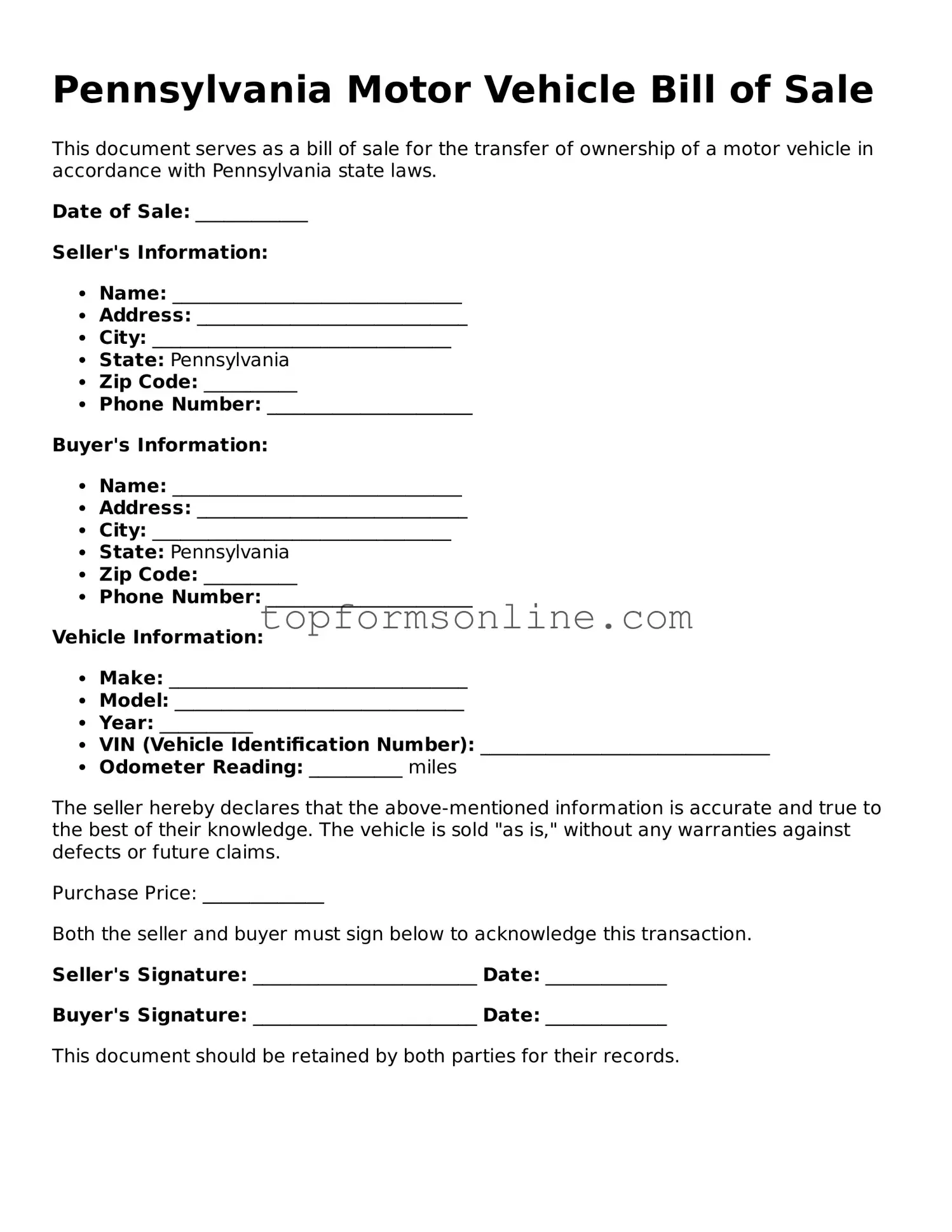 Printable Pennsylvania Motor Vehicle Bill of Sale Template