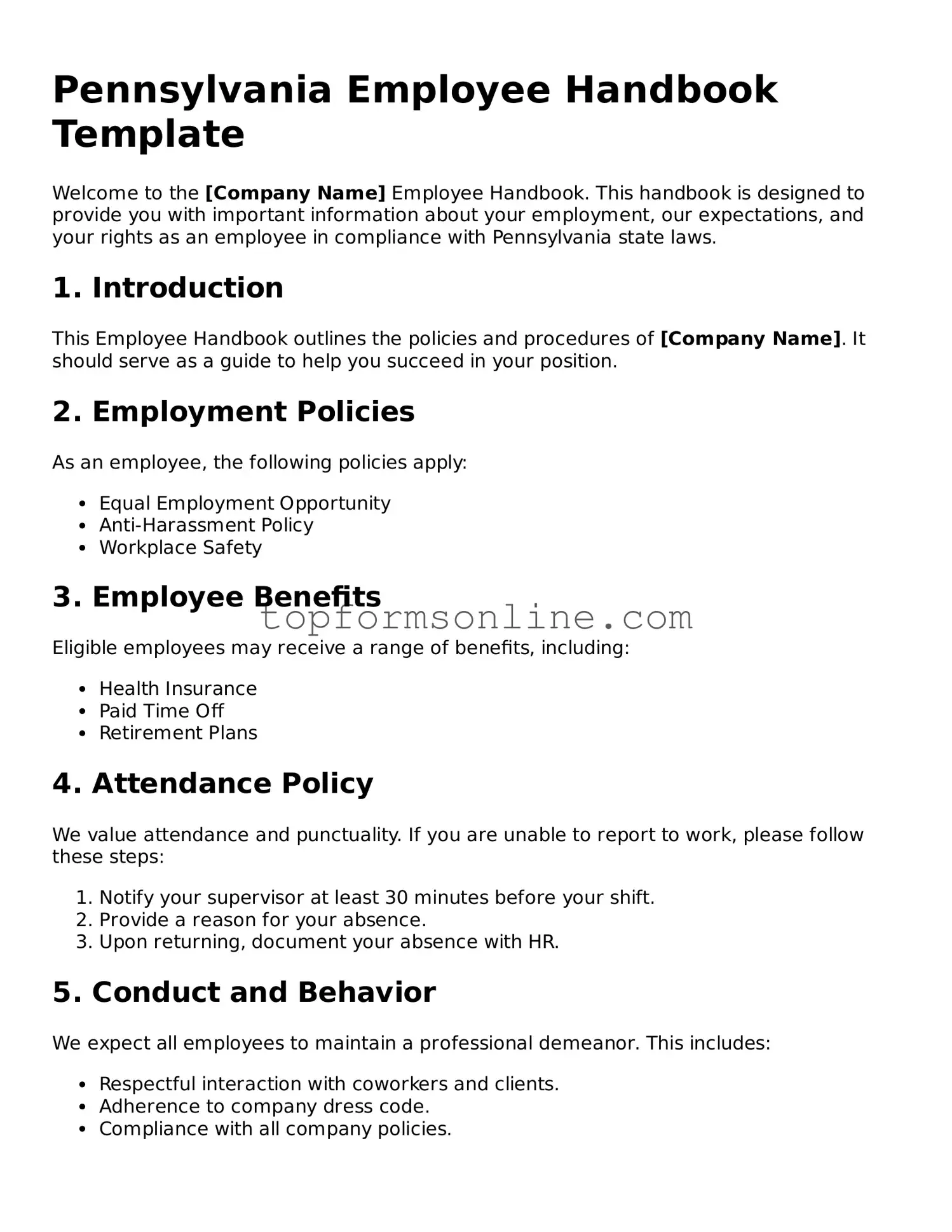 Printable Pennsylvania Employee Handbook Template