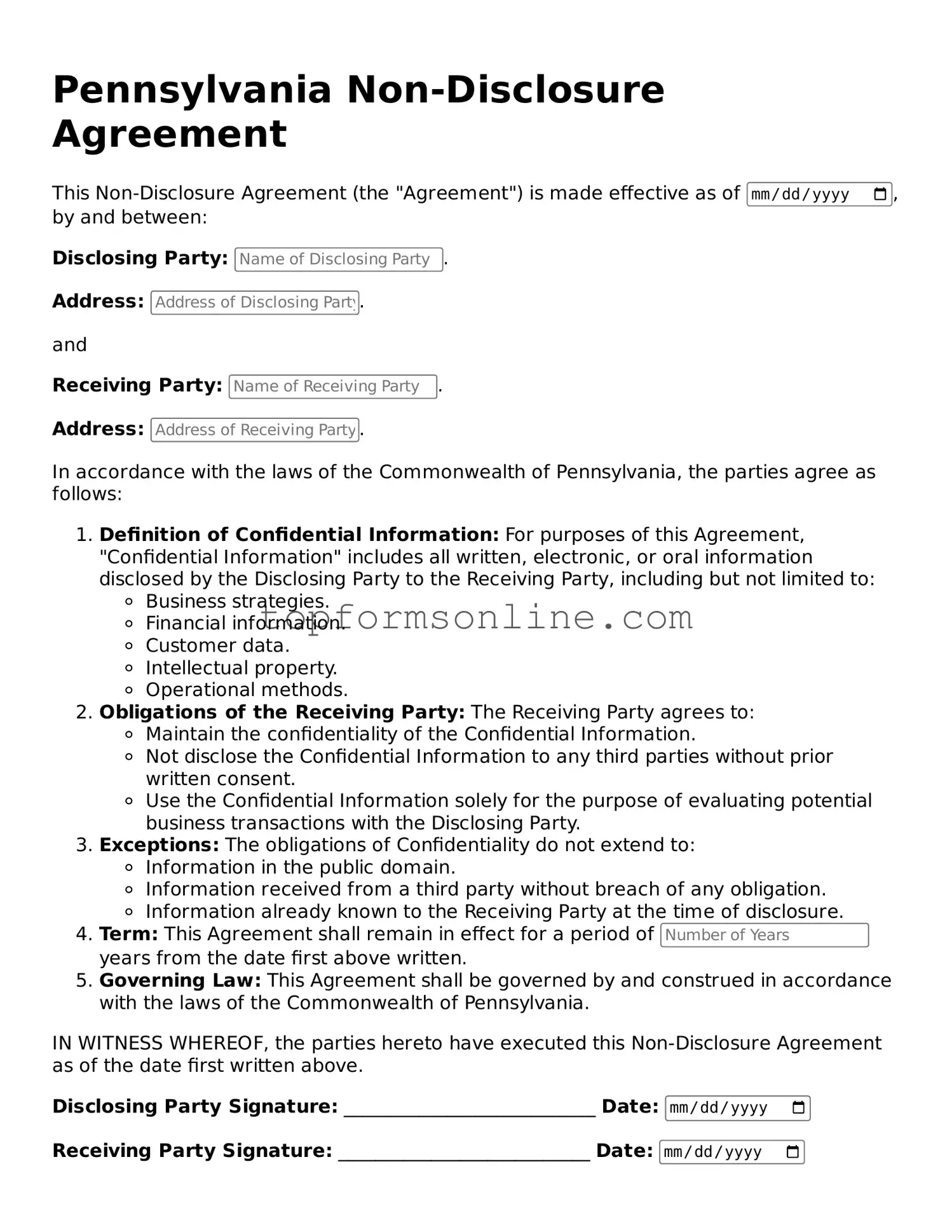 Printable Pennsylvania Non-disclosure Agreement Template