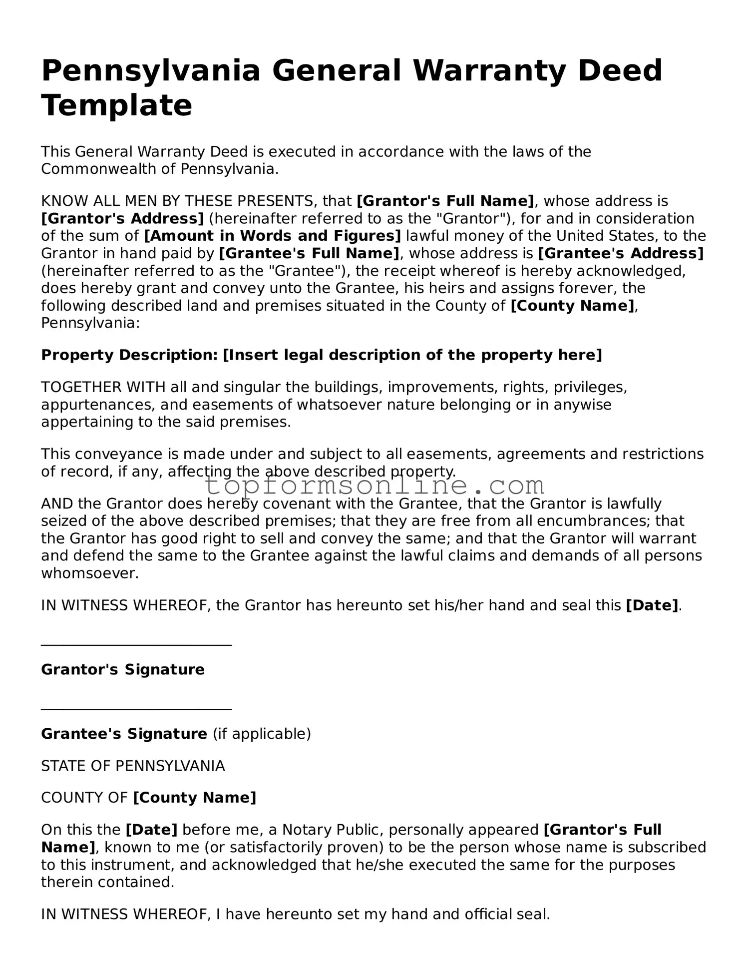 Printable Pennsylvania Deed Template