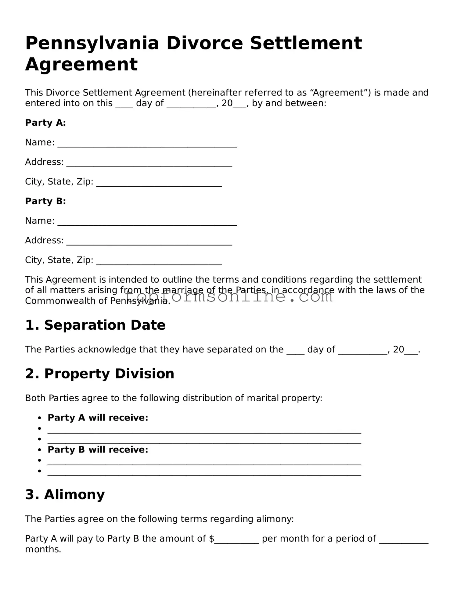 Printable Pennsylvania Divorce Settlement Agreement Template