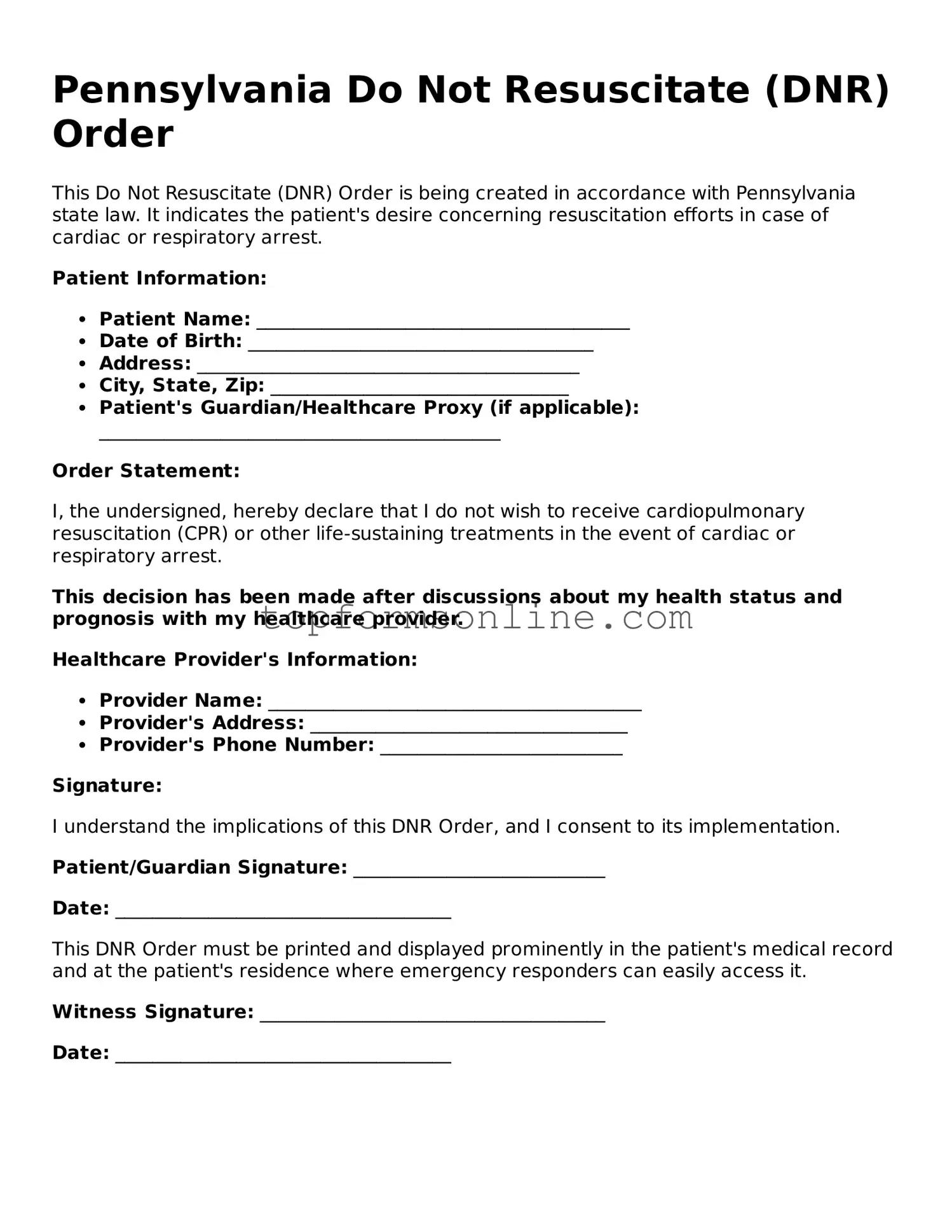 Printable Pennsylvania Do Not Resuscitate Order Template