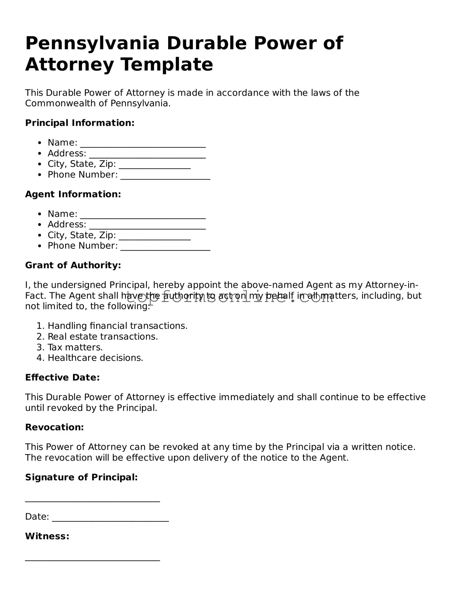 Printable Pennsylvania Durable Power of Attorney Template