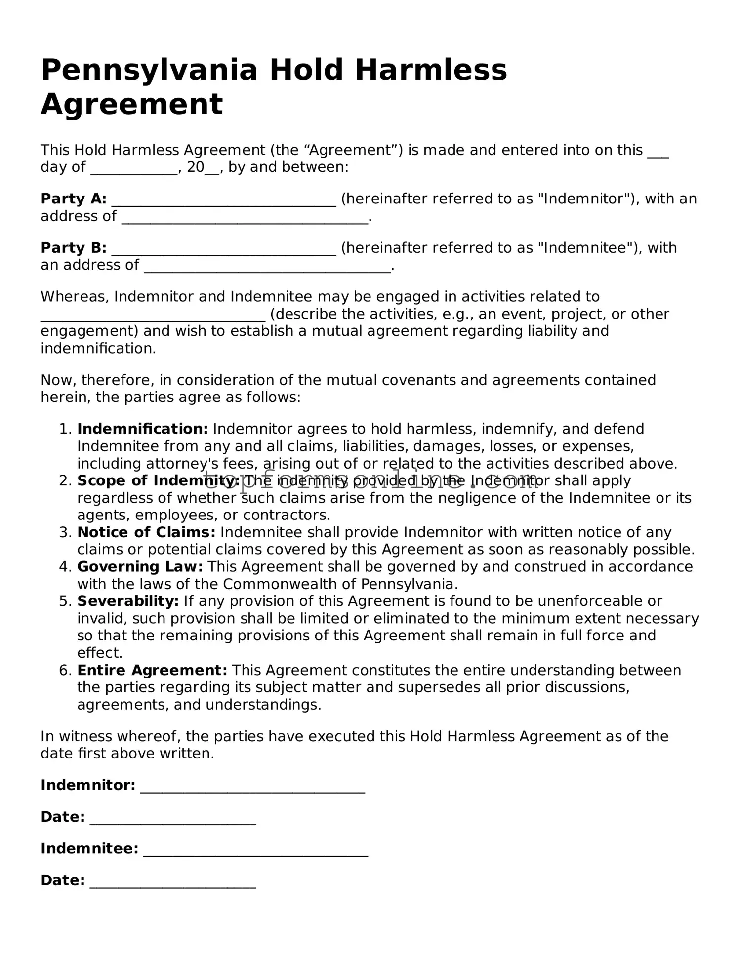 Printable Pennsylvania Hold Harmless Agreement Template