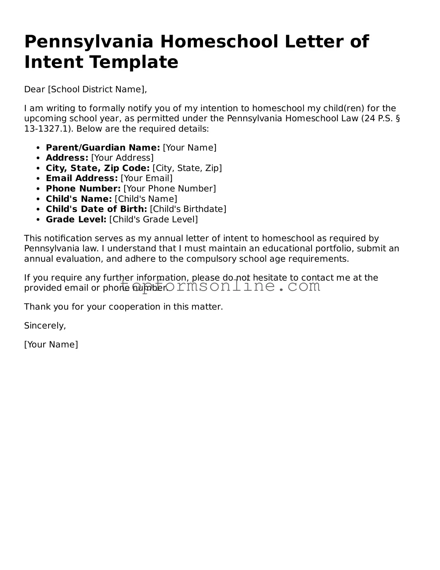 Printable Pennsylvania Homeschool Letter of Intent Template