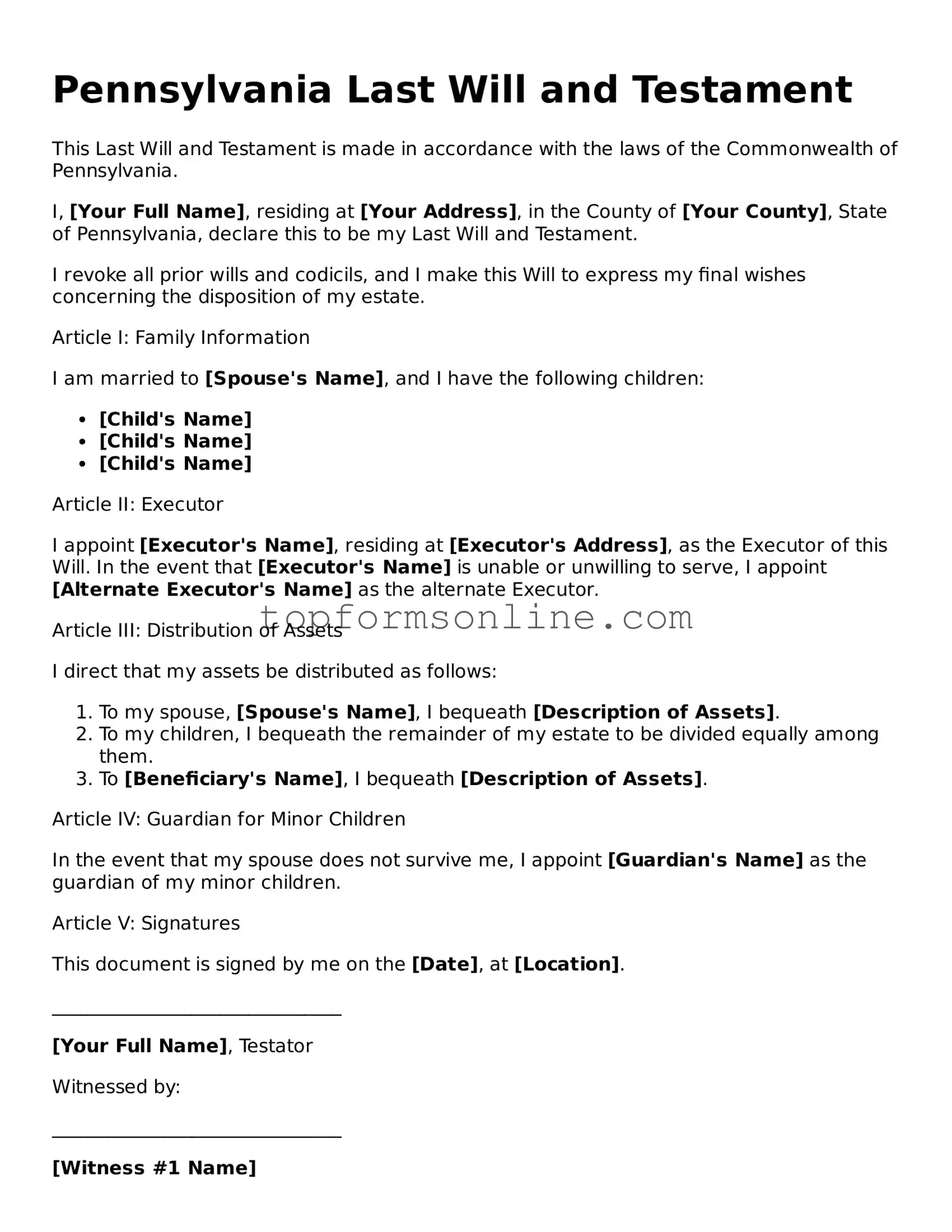 Printable Pennsylvania Last Will and Testament Template