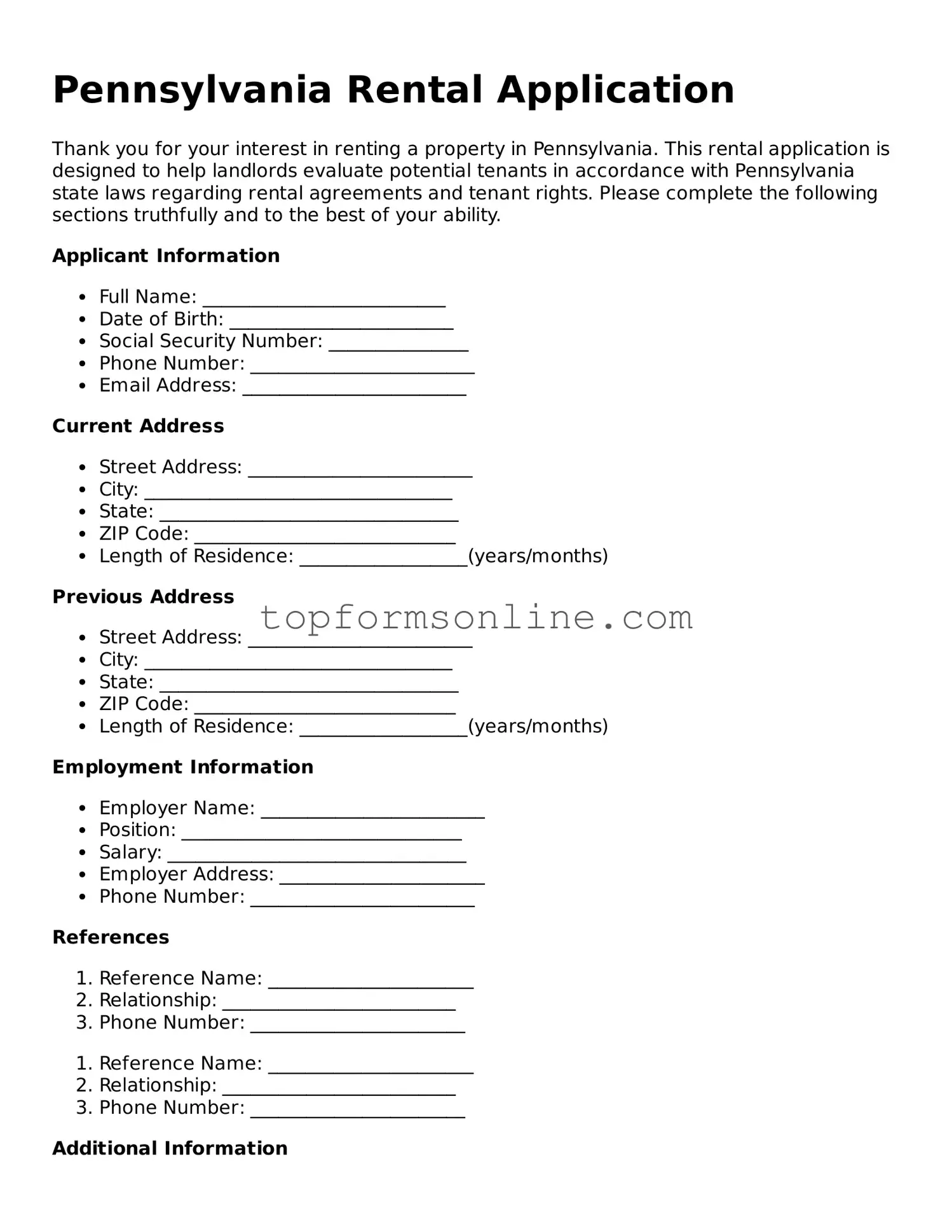 Printable Pennsylvania Rental Application Template